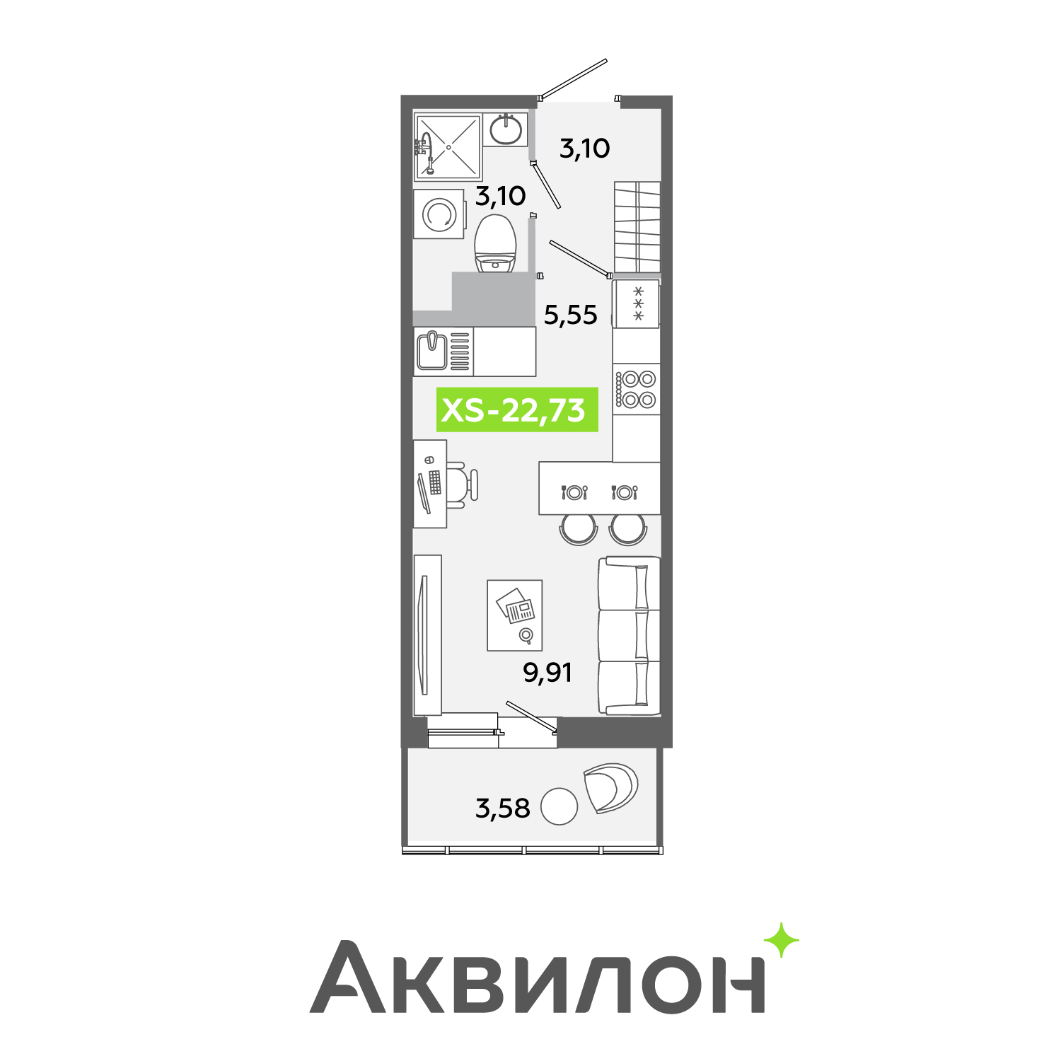 Планировка: студия, 22,7 м²
