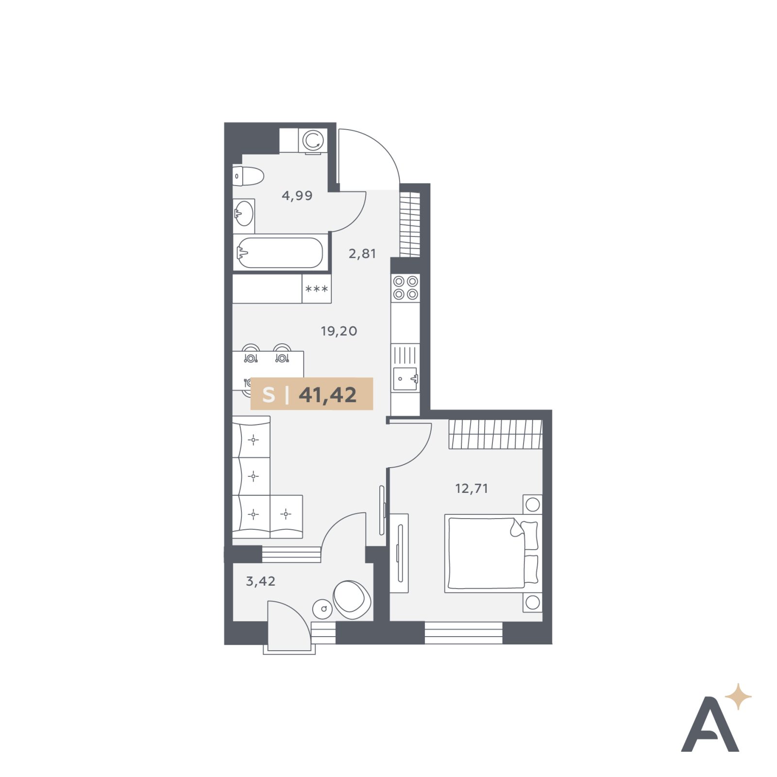 Планировка: 2-комнатная квартира, 41,4 м²