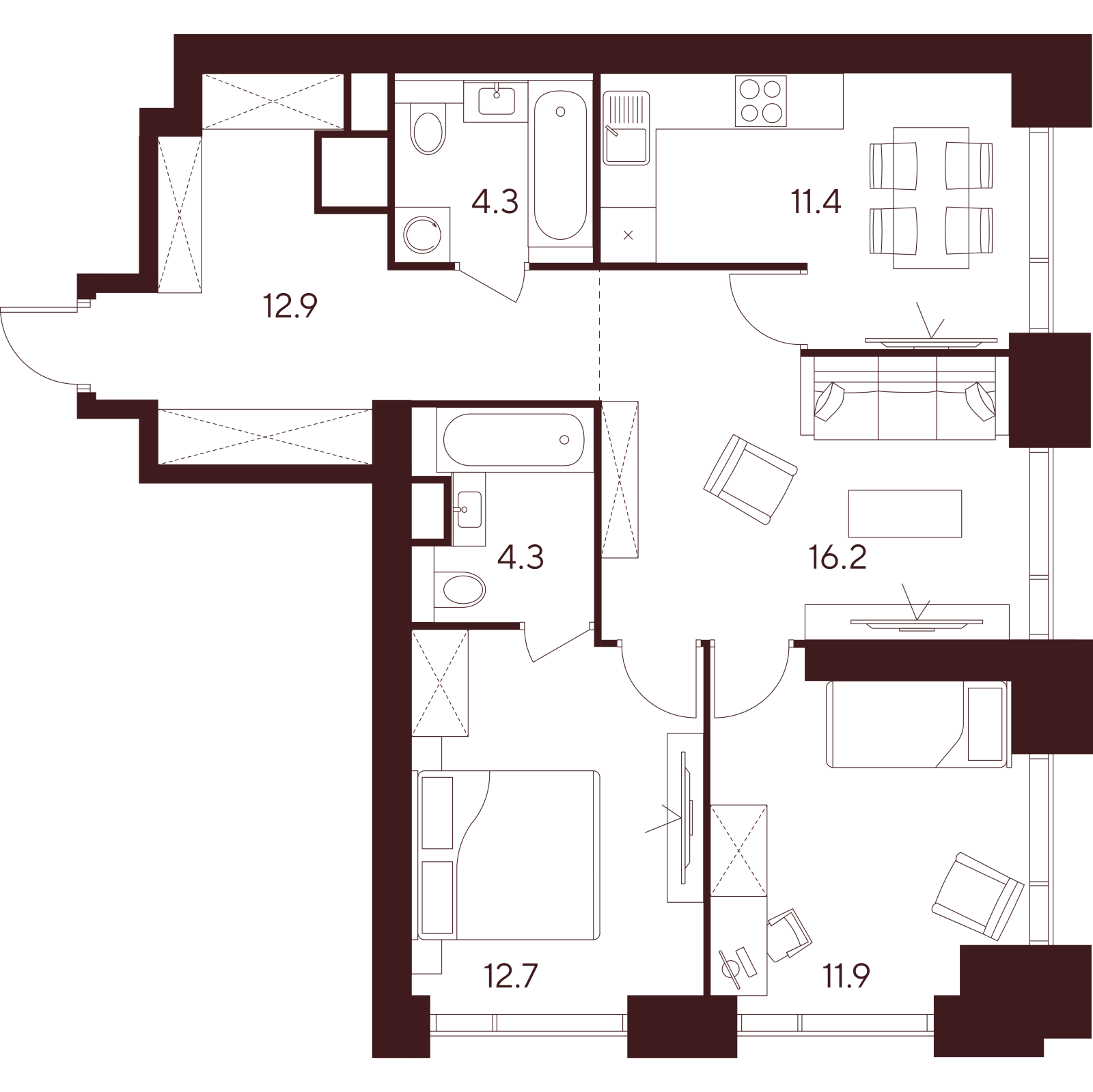 Планировка: 3-комнатная квартира, 73,7 м²