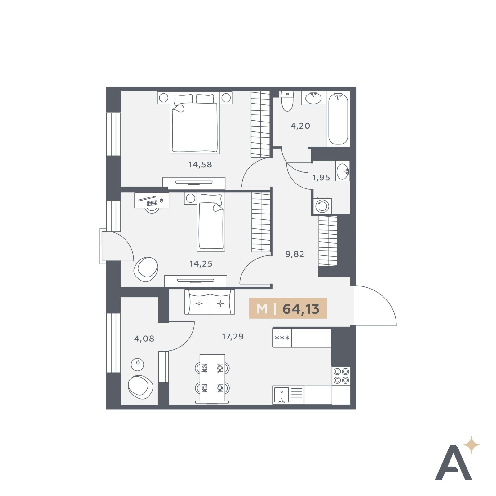 Планировка: 3-комнатная квартира, 64,1 м²