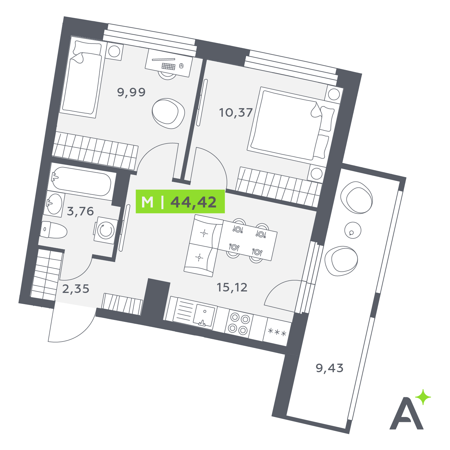 Планировка: 3-комнатная квартира, 44,4 м²