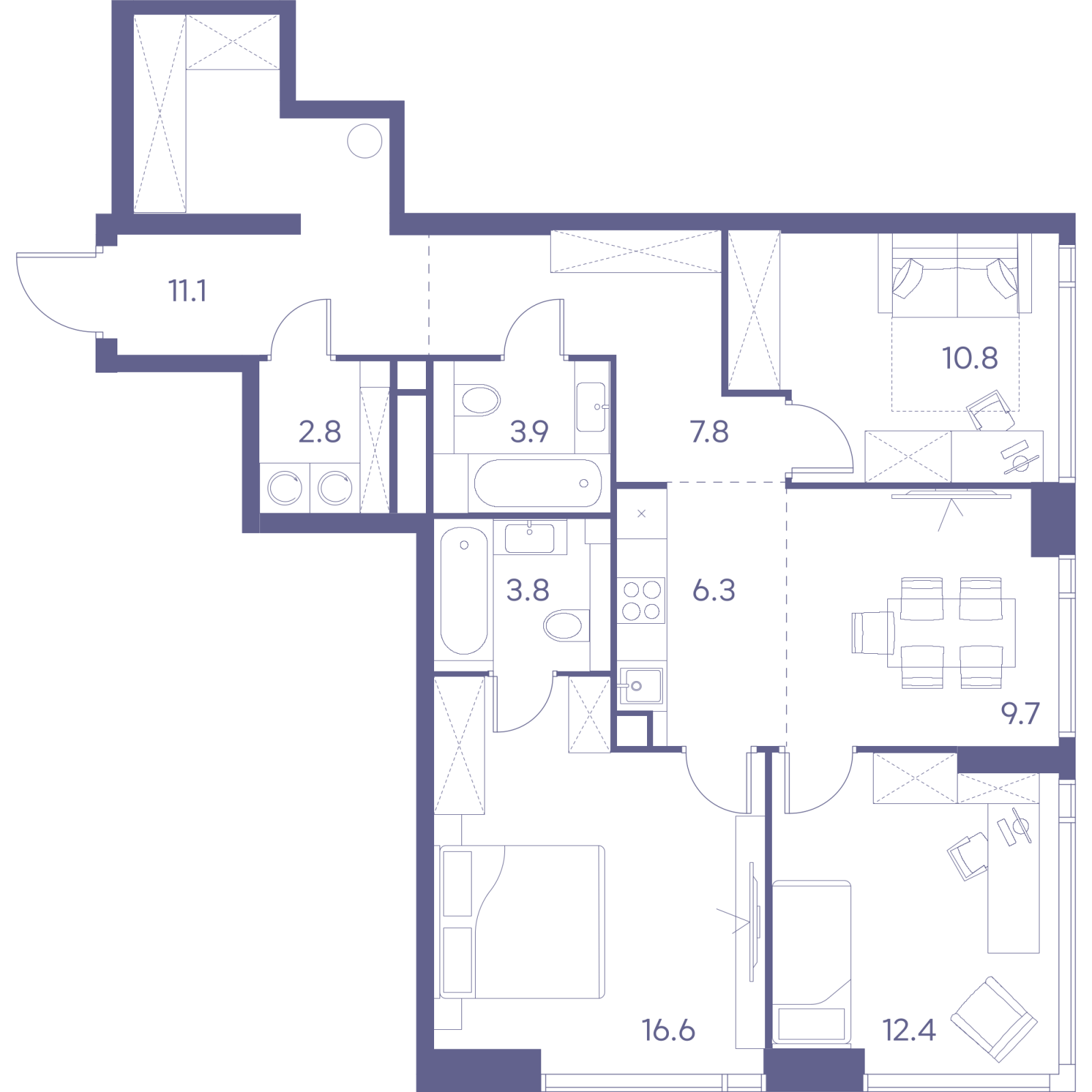 Планировка: 4-комнатная квартира, 85,2 м²