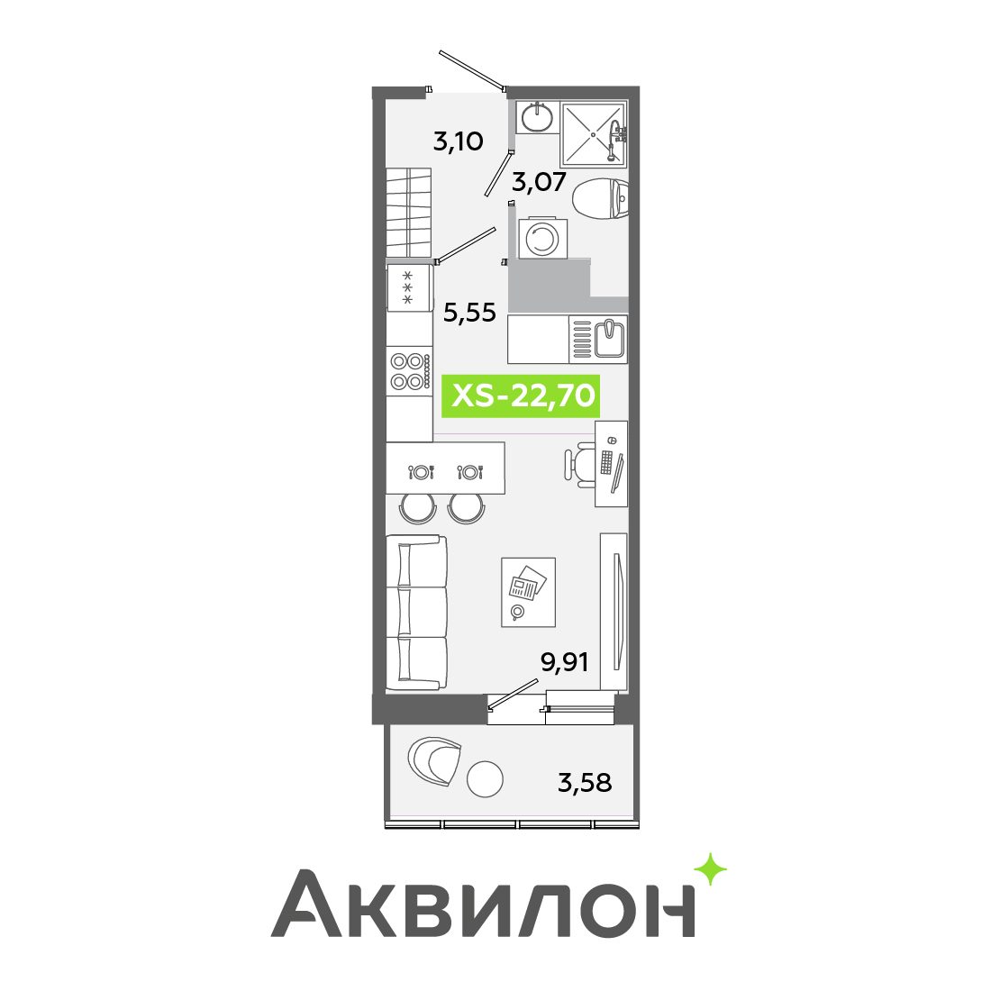Планировка: студия, 22,7 м²