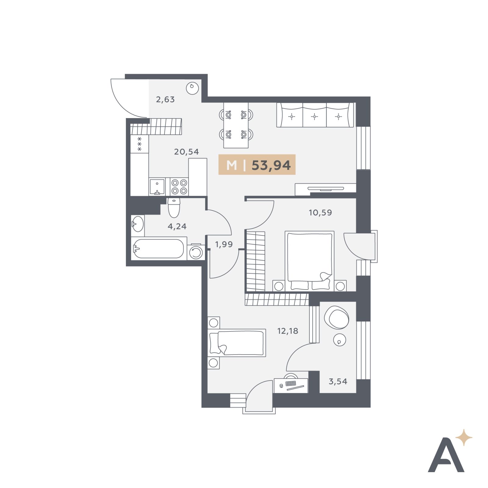 Планировка: 3-комнатная квартира, 53,9 м²