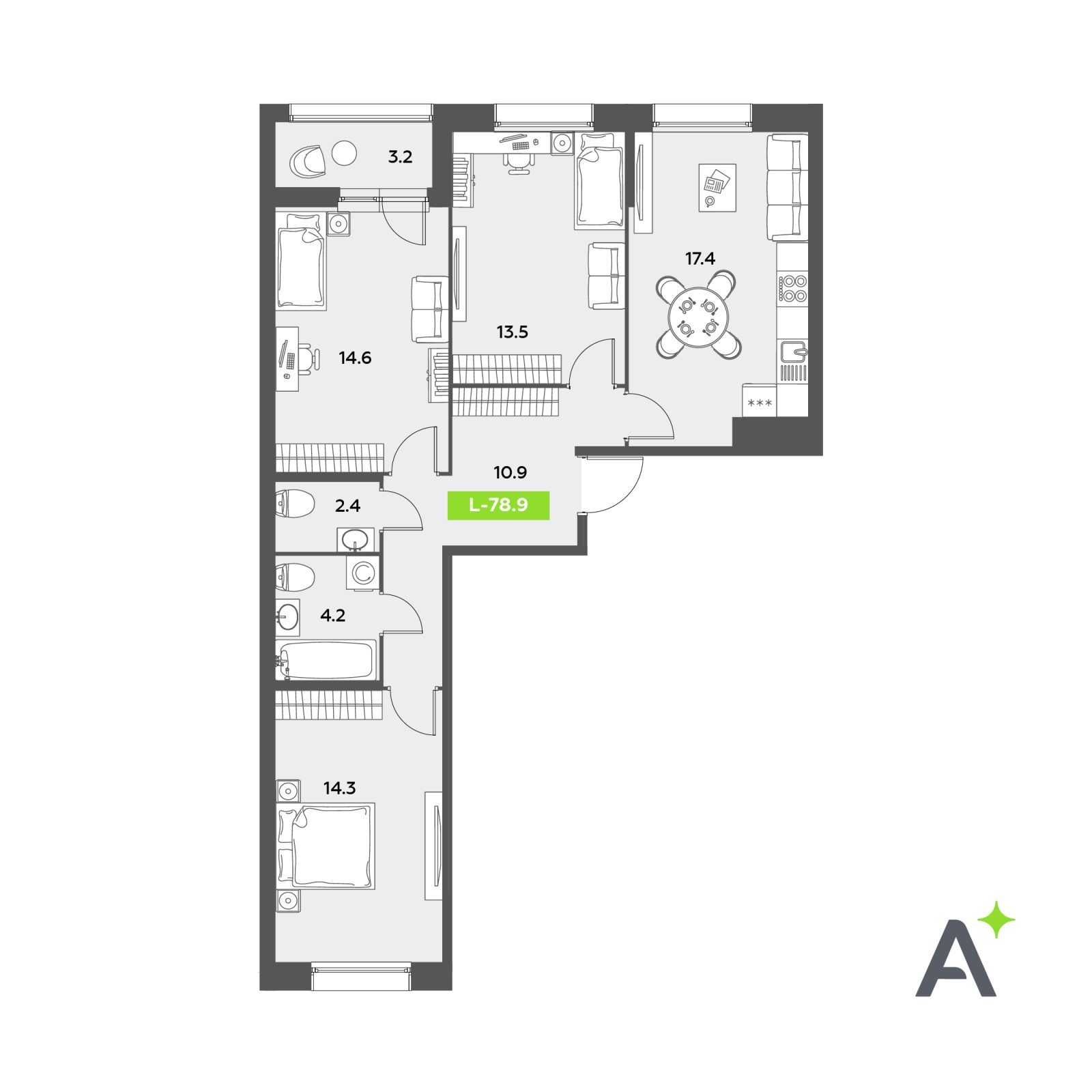 Планировка: 4-комнатная квартира, 78,9 м²