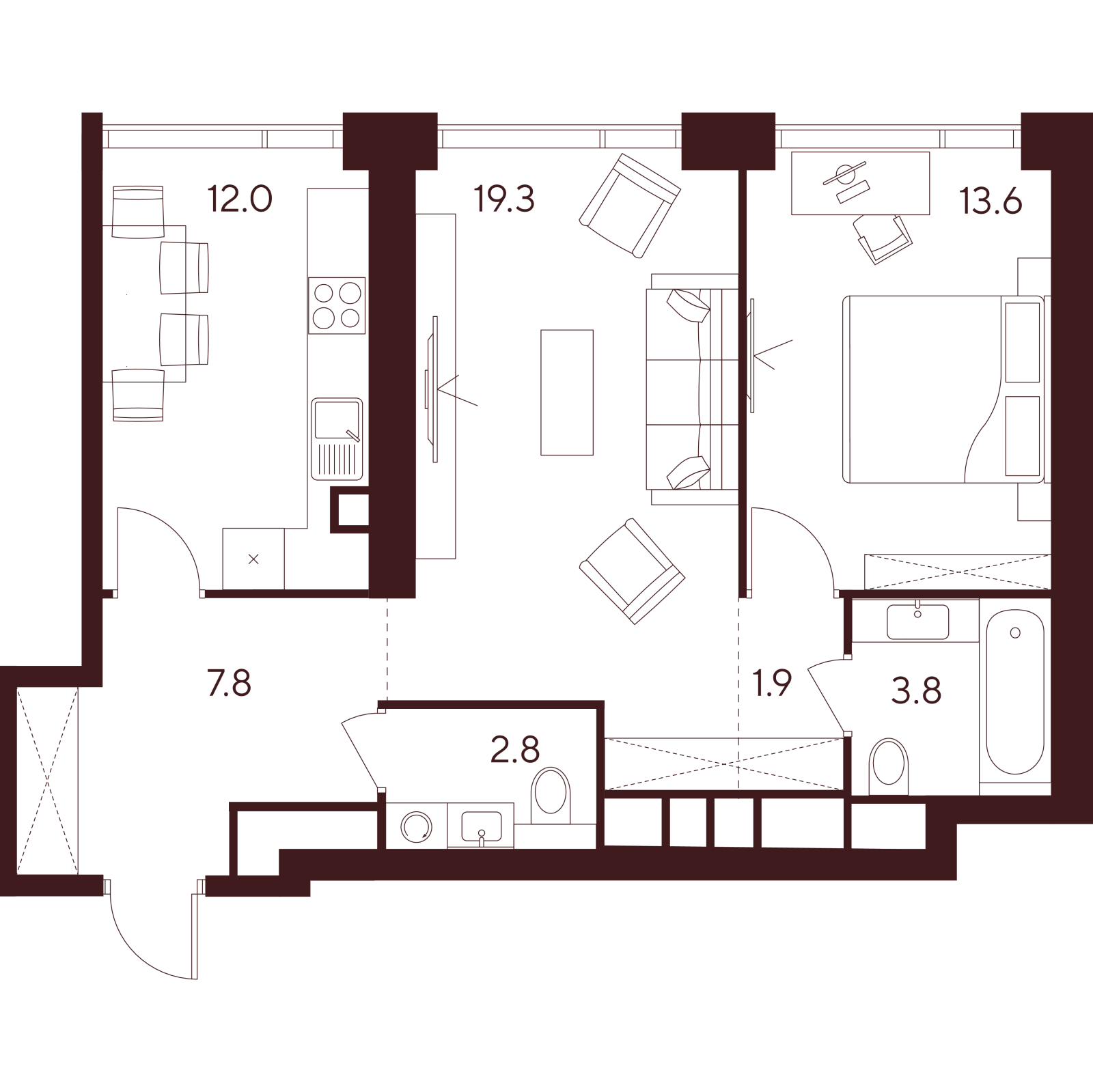 Планировка: 2-комнатная квартира, 61,2 м²