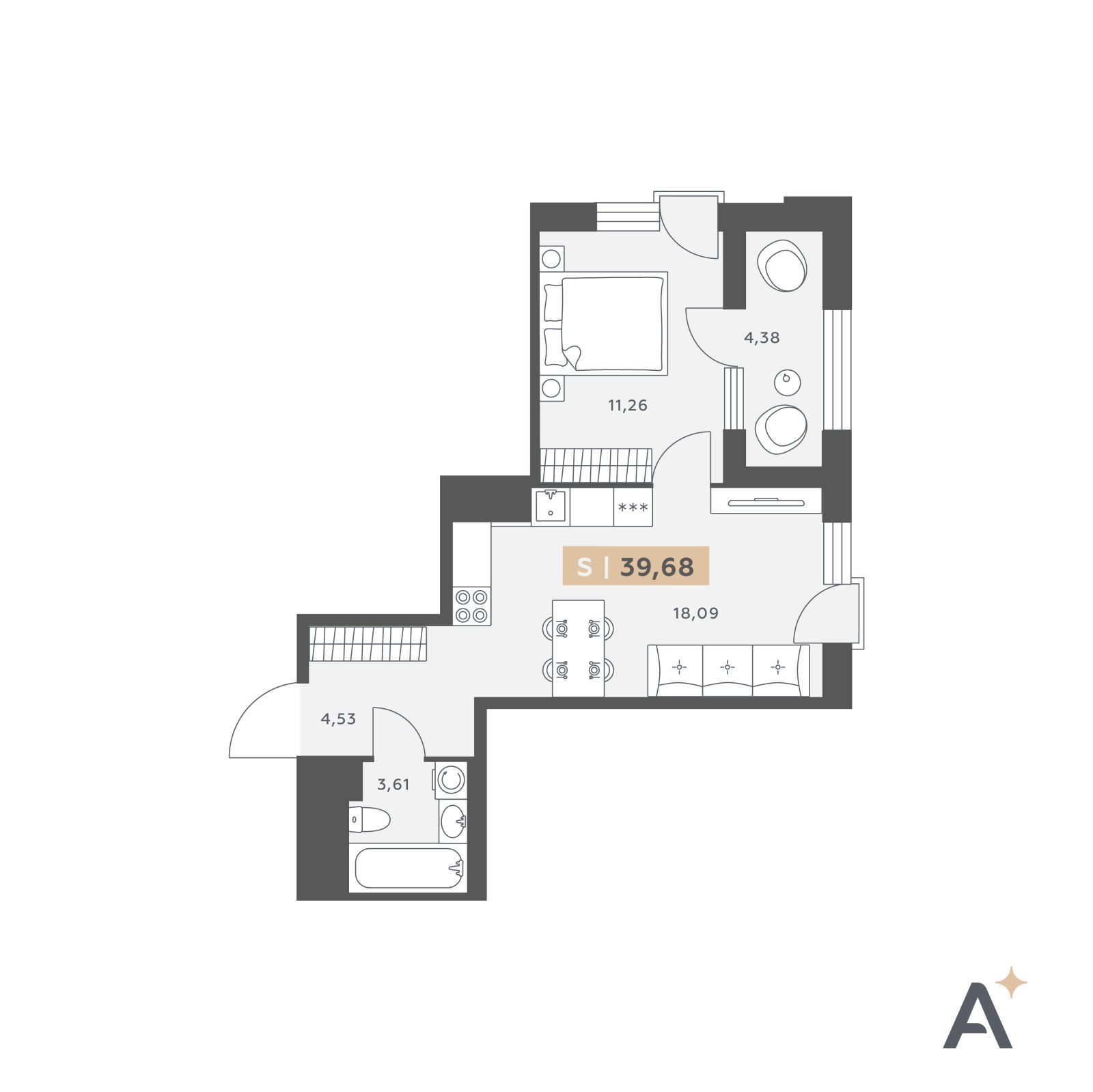 Планировка: 2-комнатная квартира, 39,7 м²