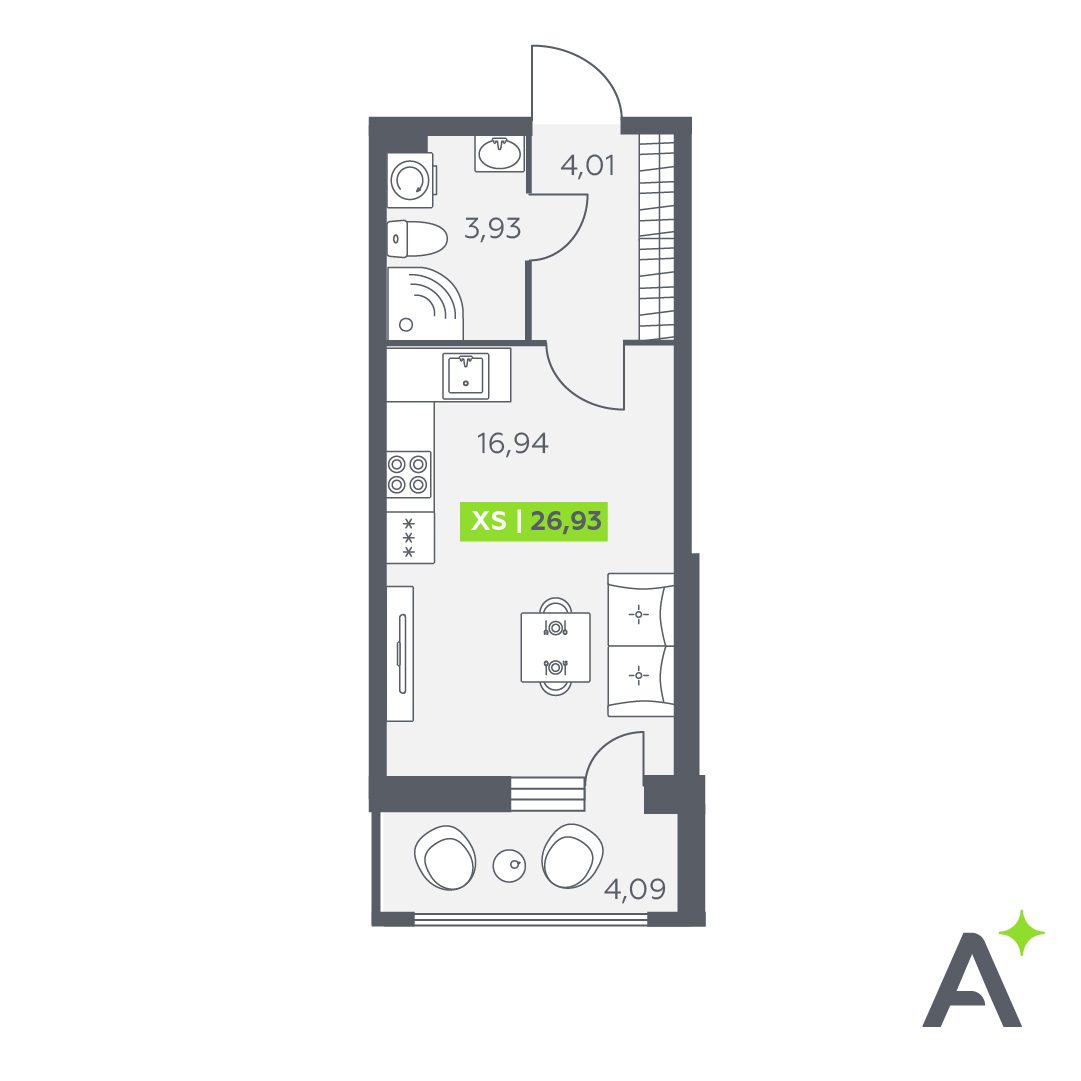 Планировка: студия, 26,9 м²