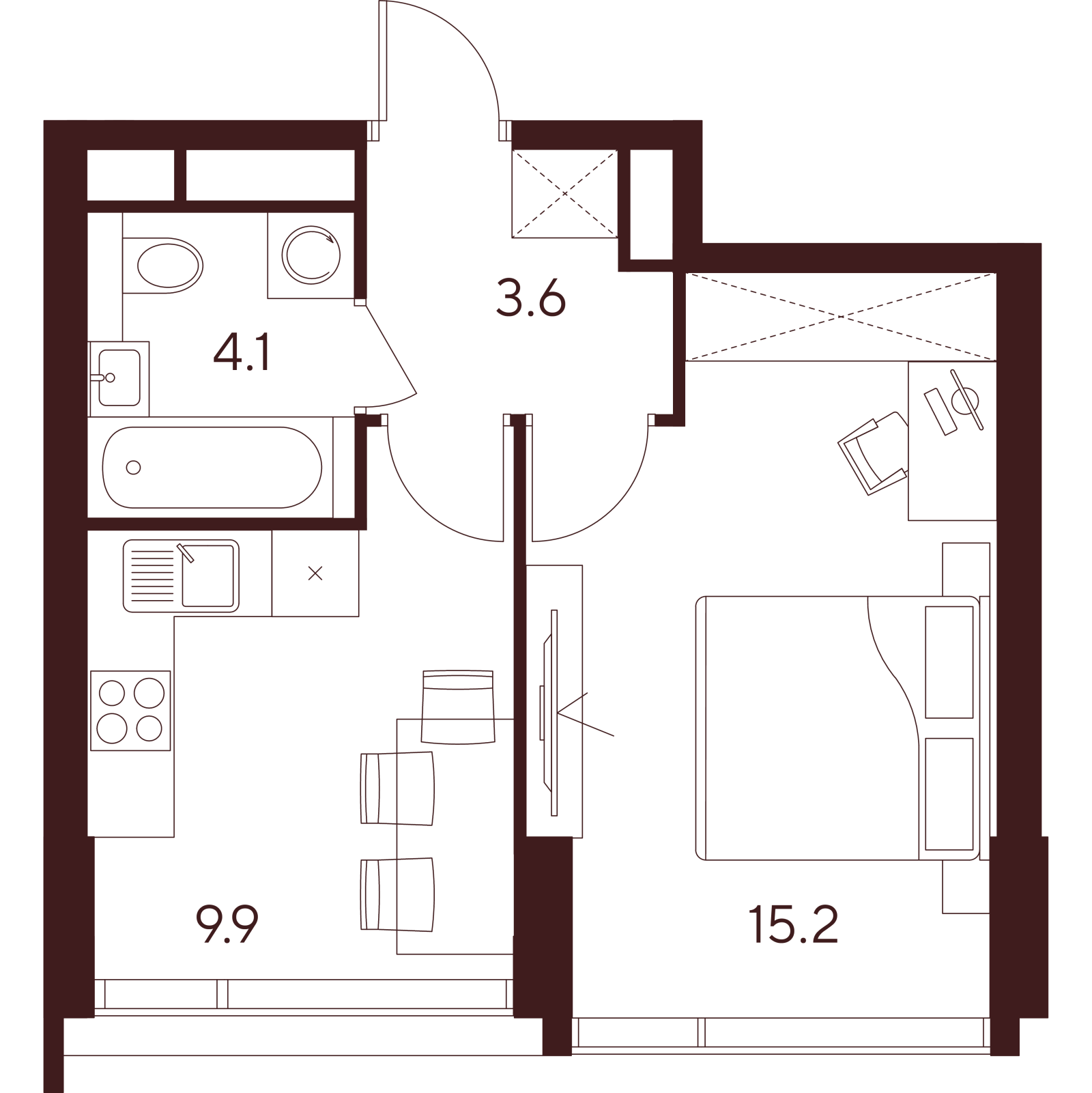 Планировка: 1-комнатная квартира, 32,8 м²