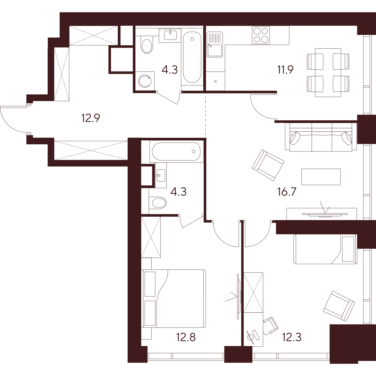 Планировка: 3-комнатная квартира, 75,2 м²
