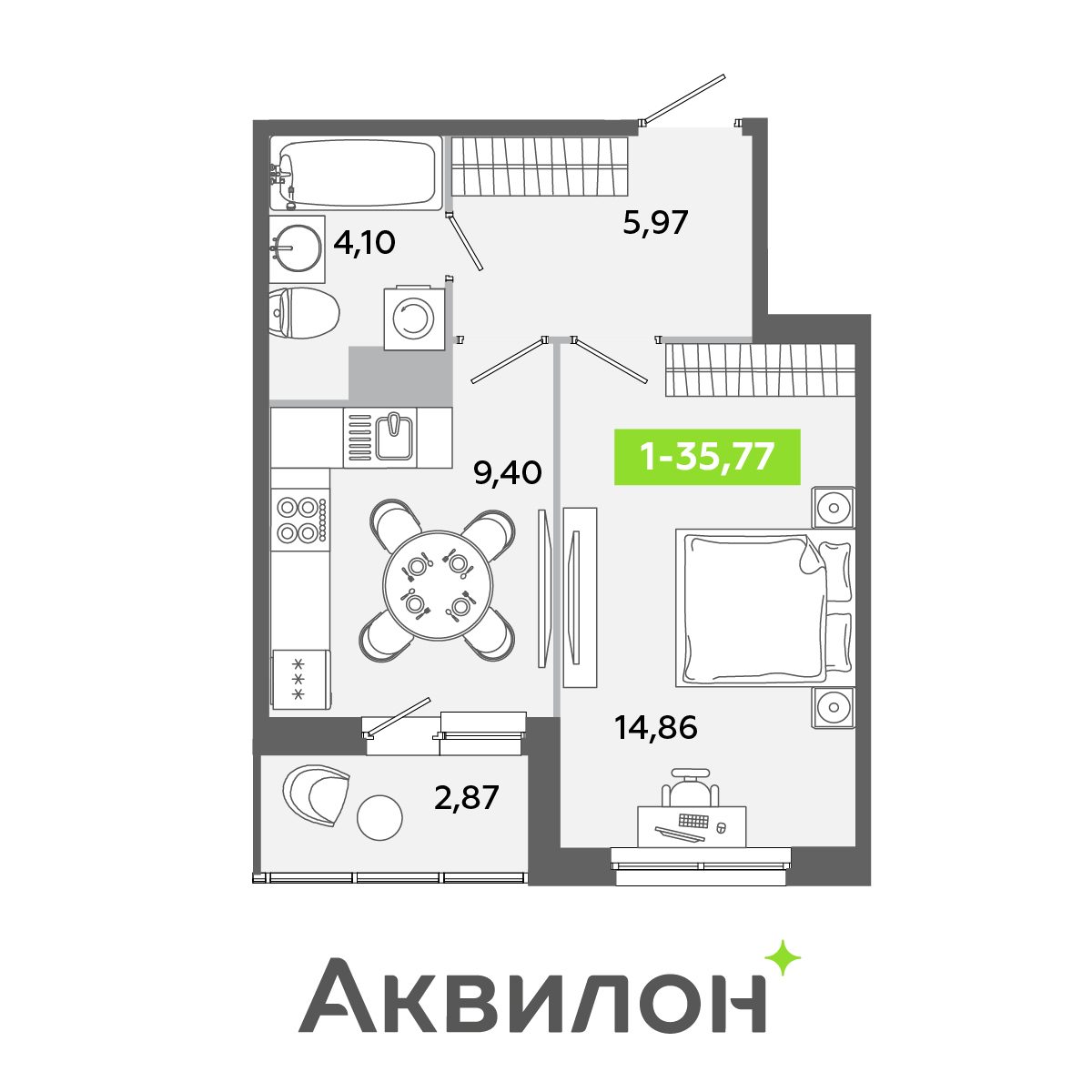 Планировка: 1-комнатная квартира, 35,8 м²
