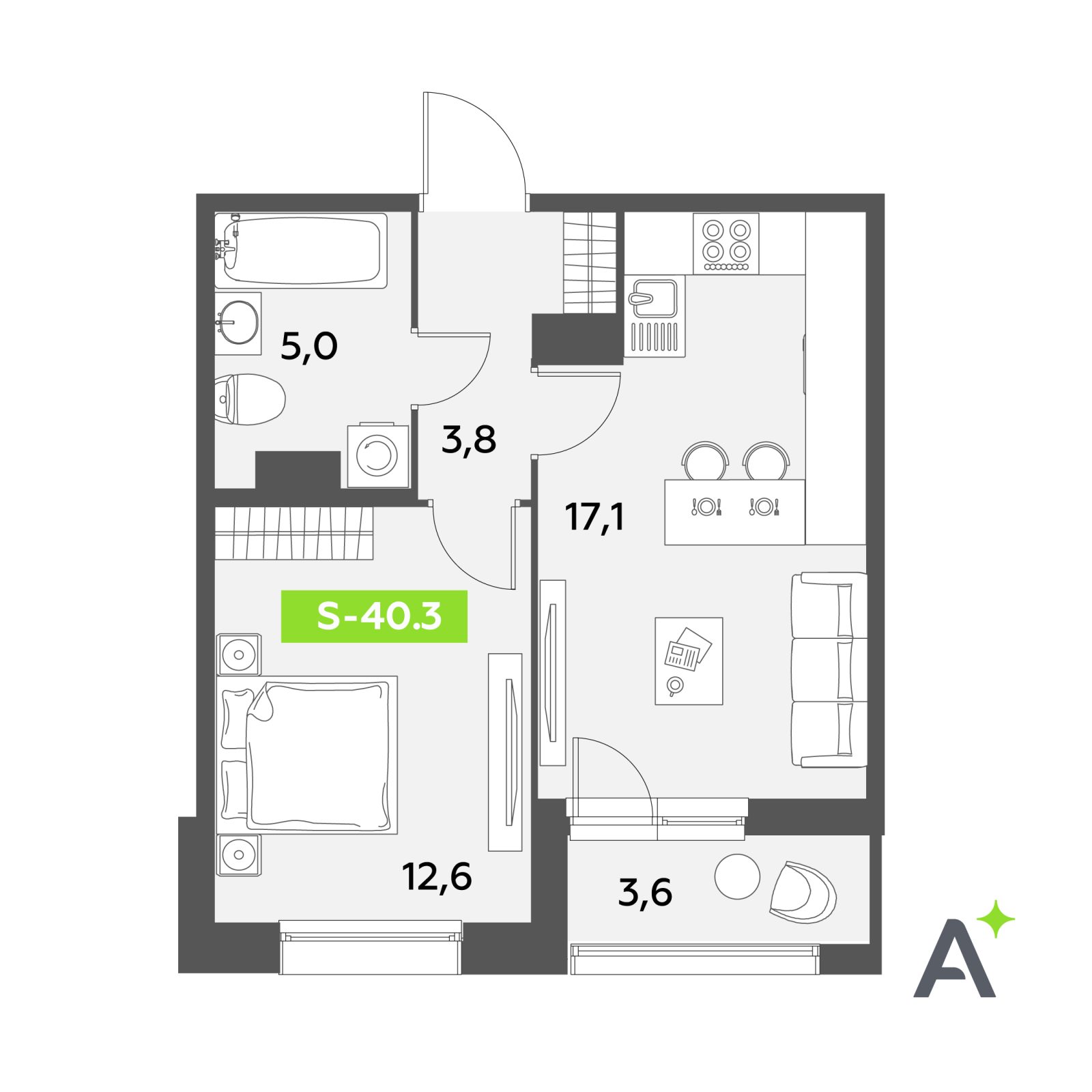 Планировка: 2-комнатная квартира, 40,3 м²