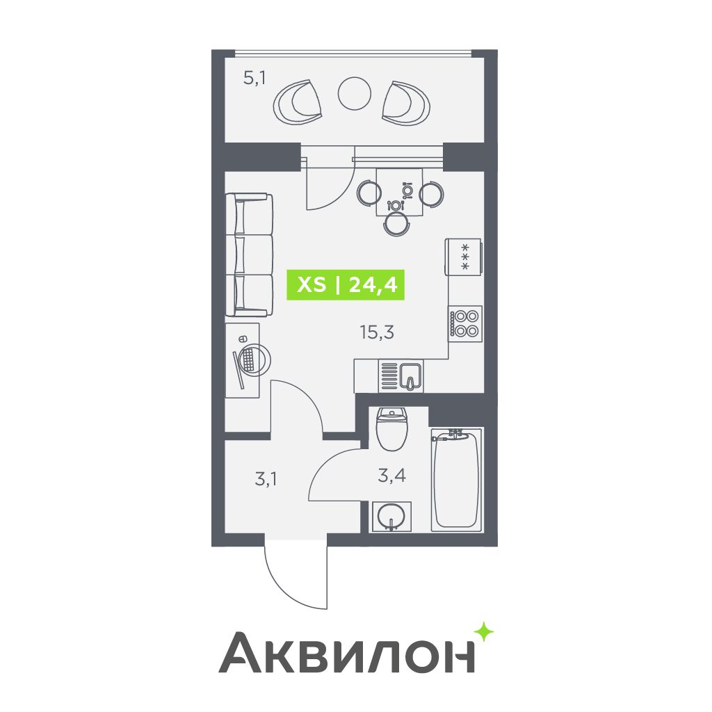 Планировка: студия, 24,4 м²