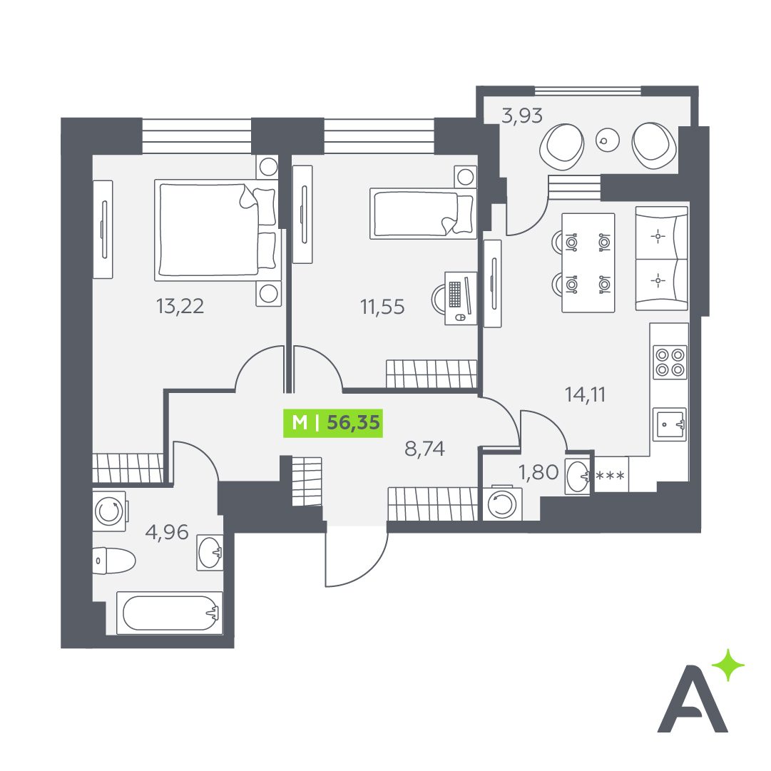 Планировка: 3-комнатная квартира, 56,4 м²