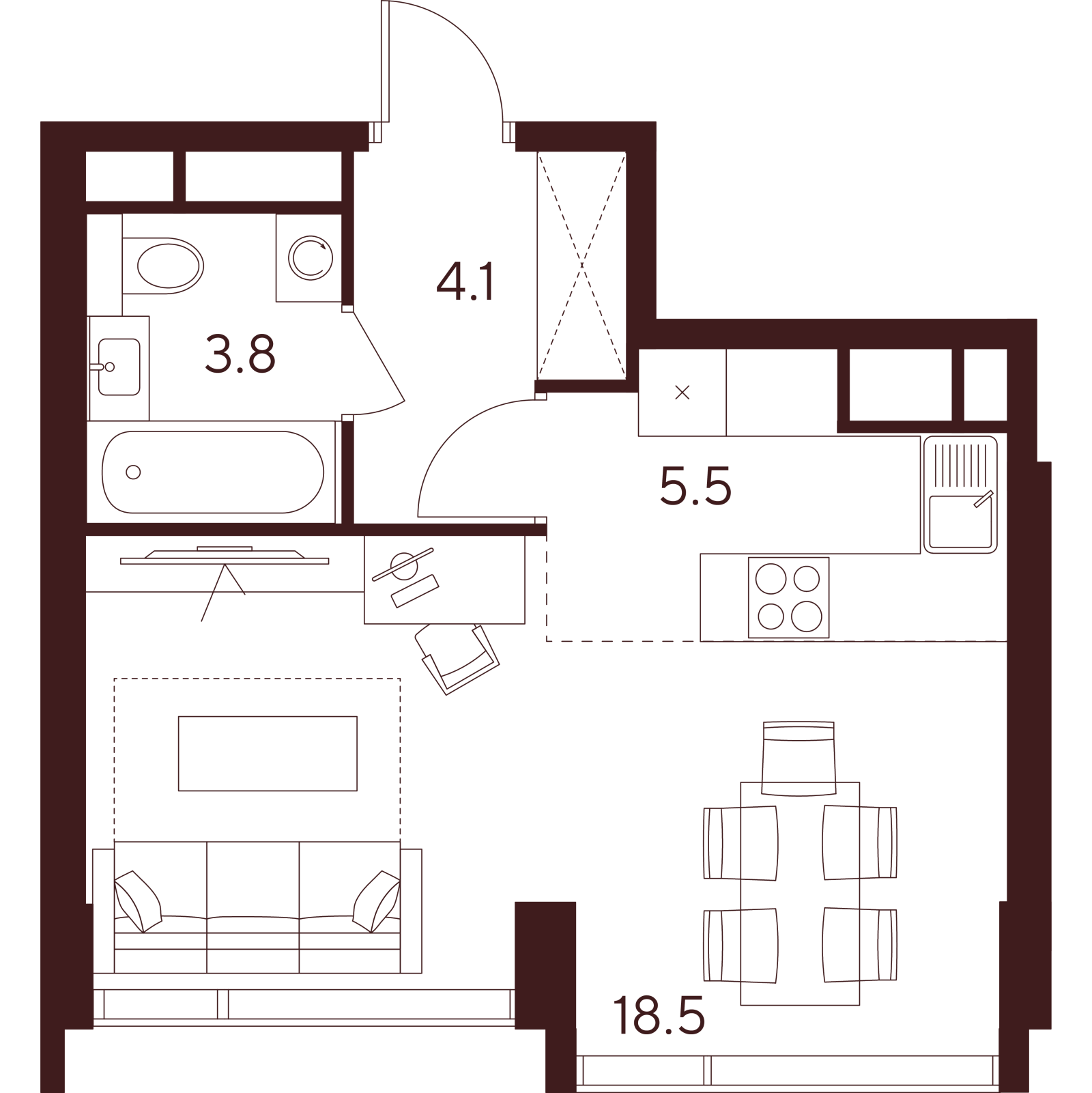 Планировка: студия, 31,9 м²