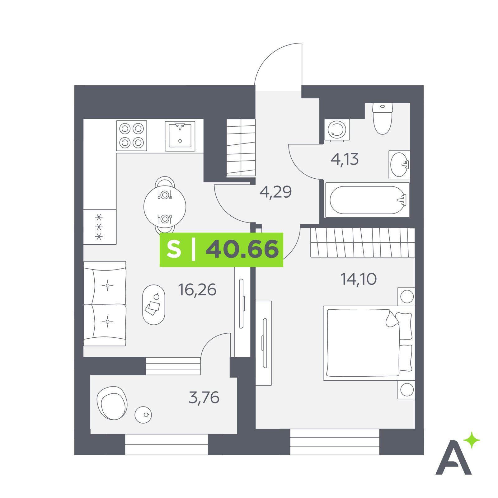 Планировка: 2-комнатная квартира, 40,7 м²