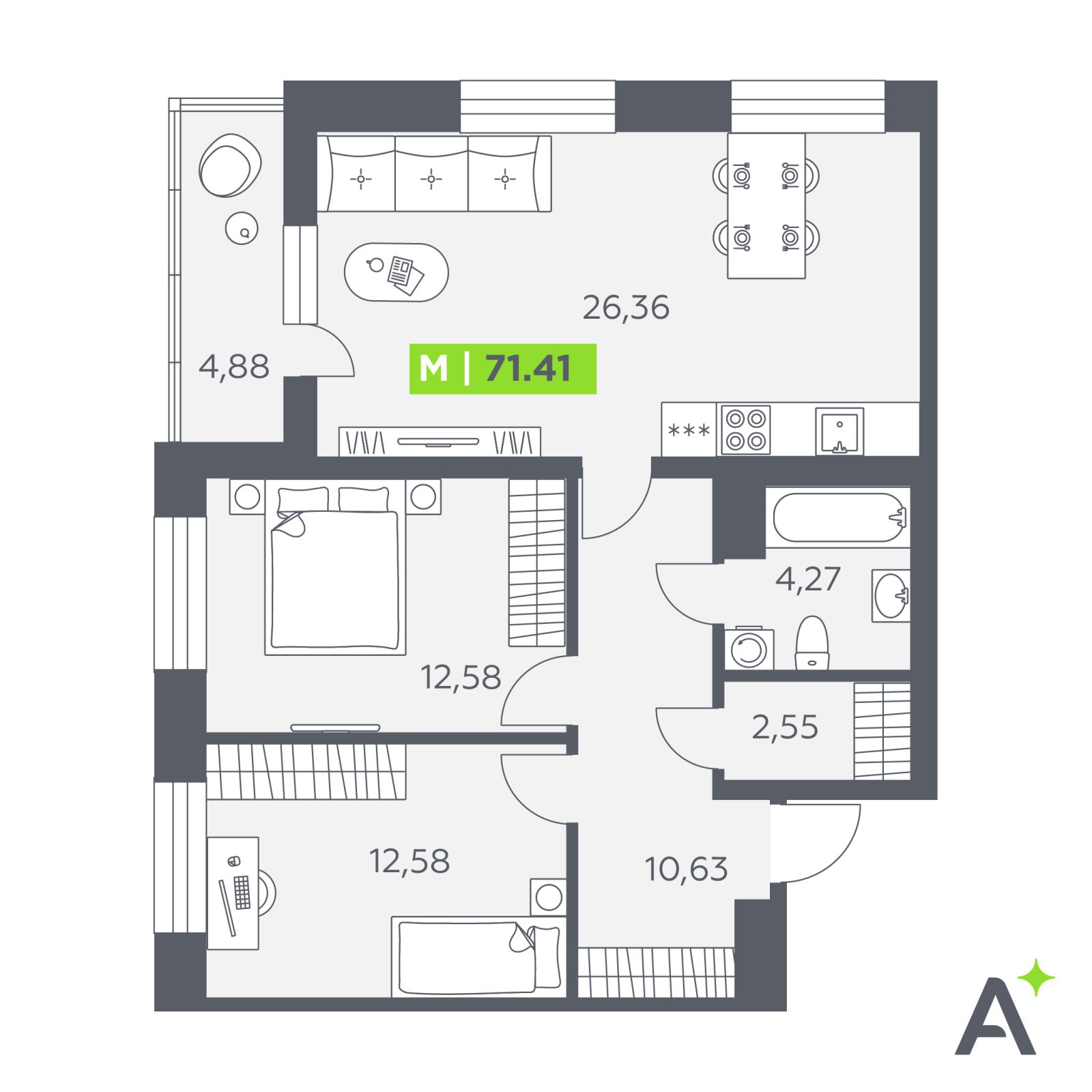 Планировка: 3-комнатная квартира, 71,4 м²