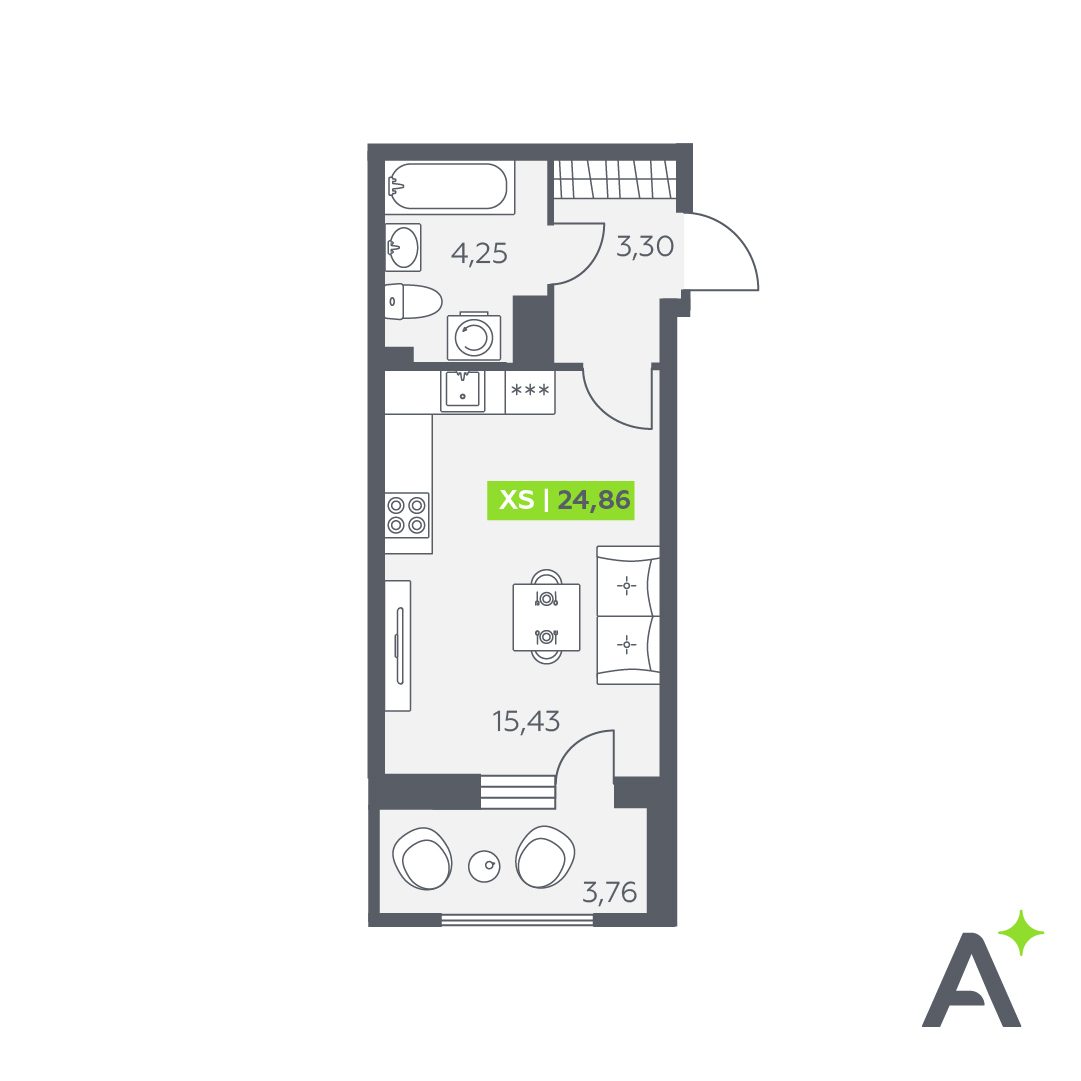 Планировка: студия, 24,9 м²