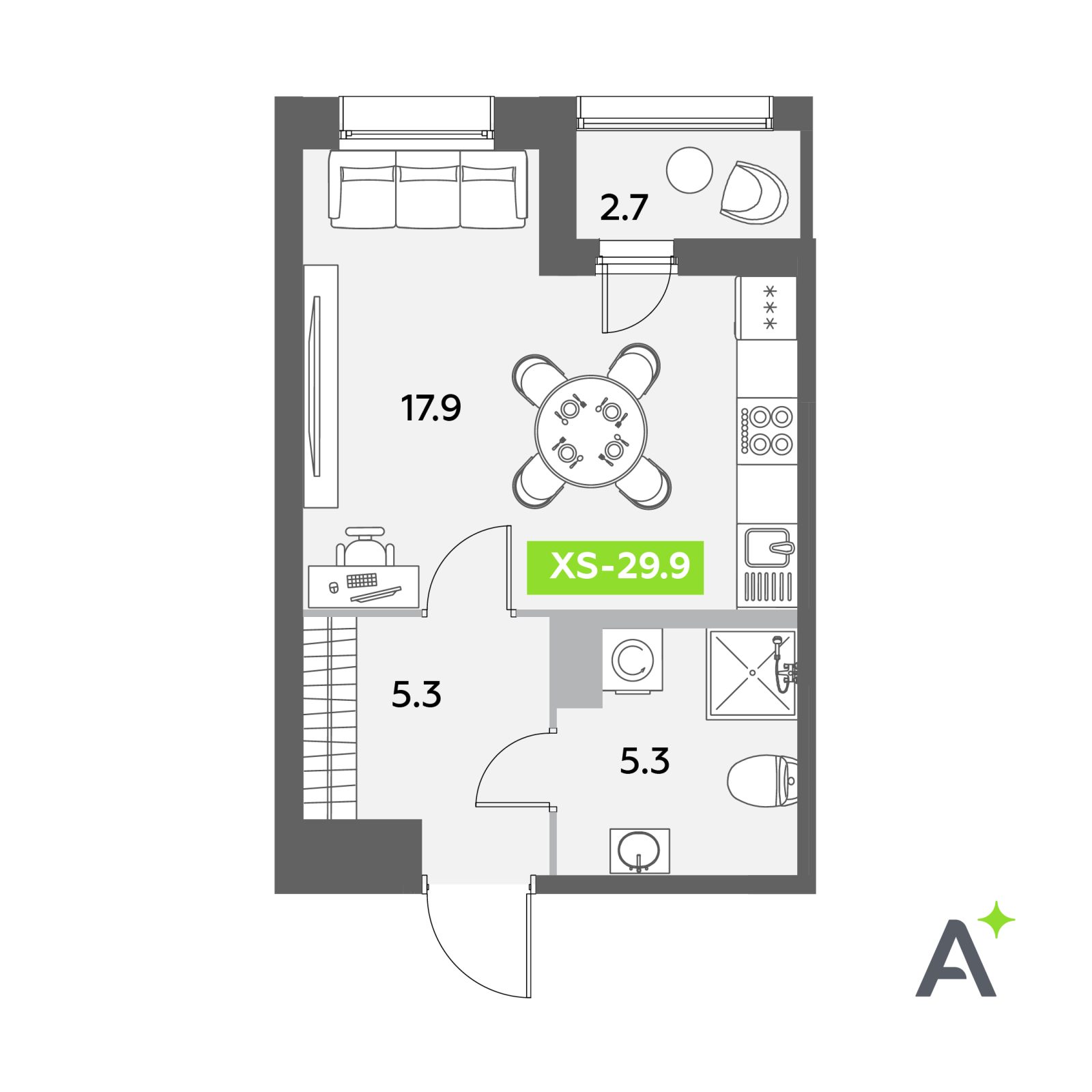 Планировка: студия, 29,9 м²
