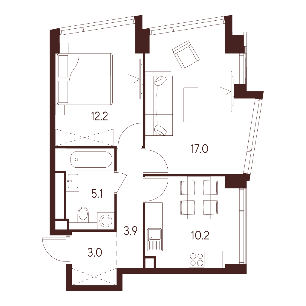 Планировка: 2-комнатная квартира, 51,4 м²