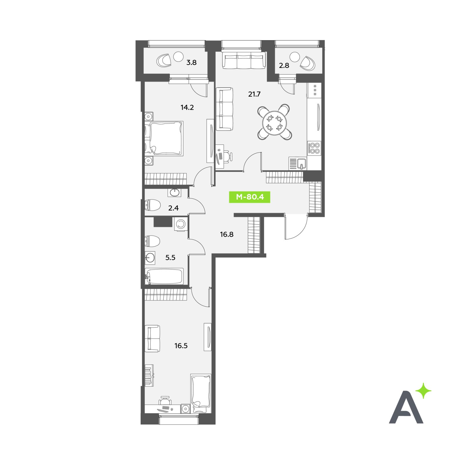 Планировка: 3-комнатная квартира, 80,4 м²