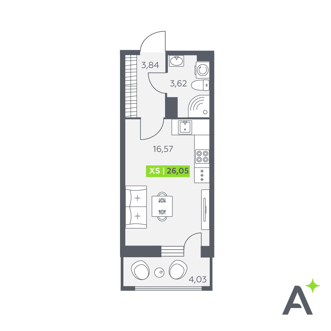 Планировка: студия, 26,1 м²
