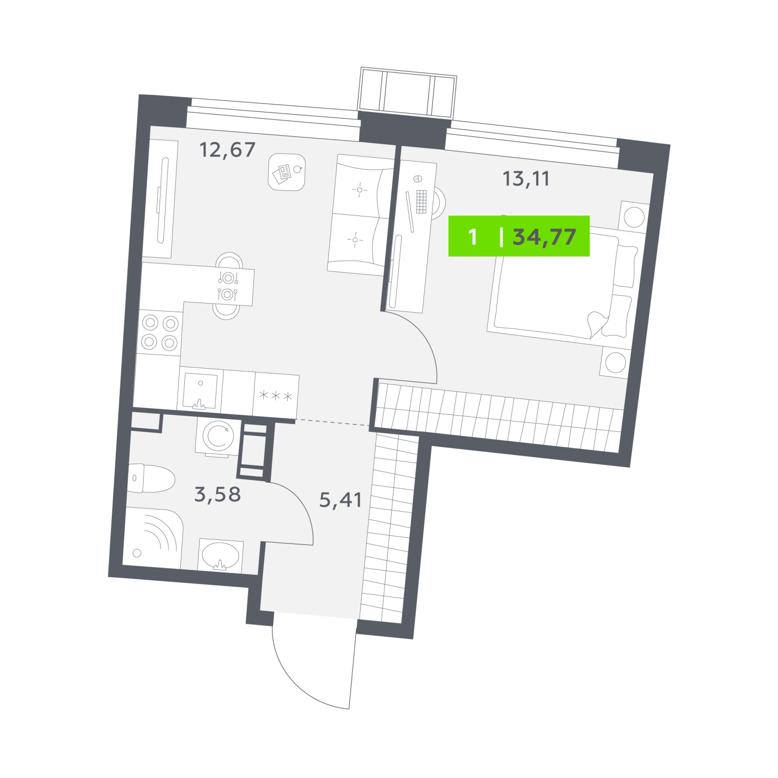 Планировка: 1-комнатная квартира, 34,8 м²