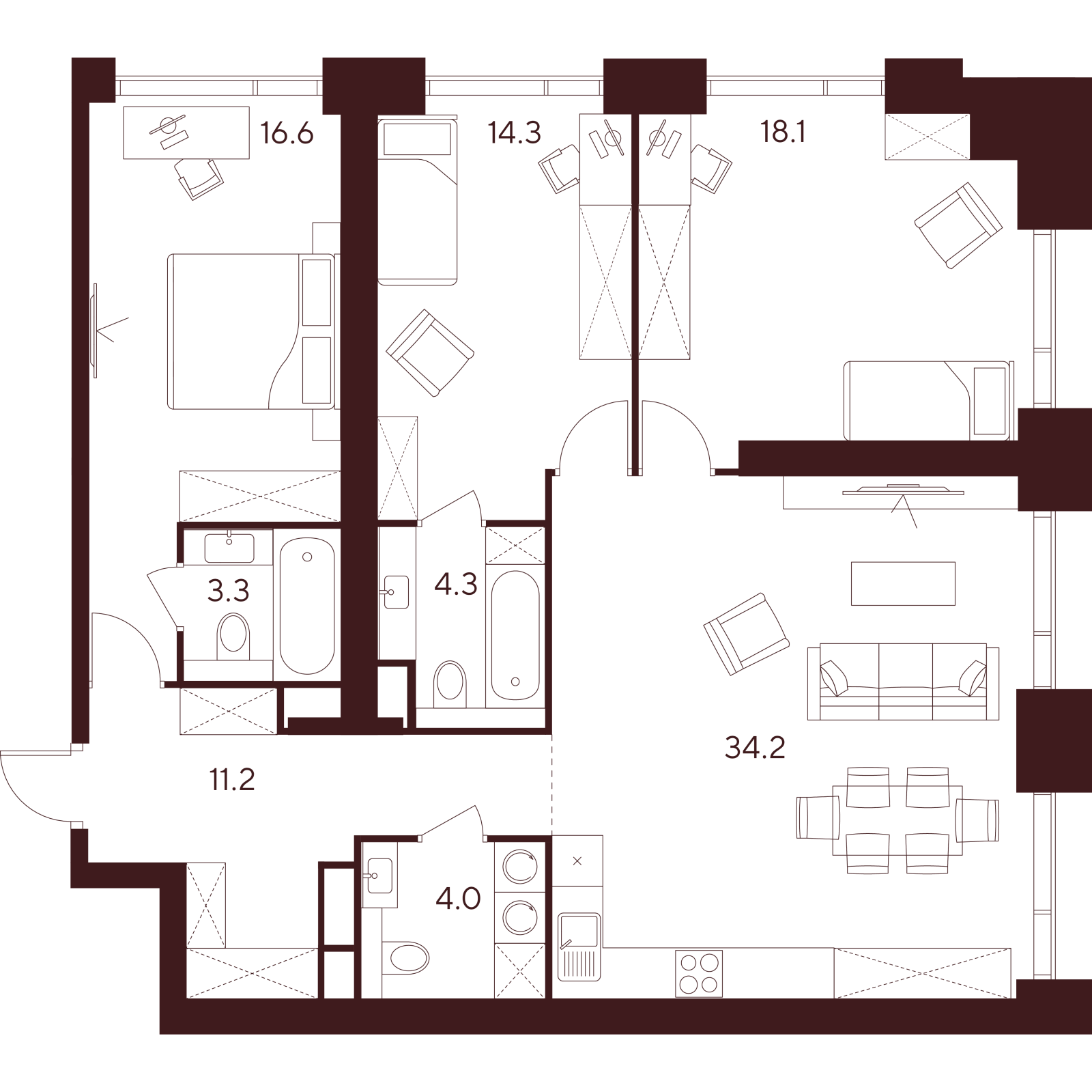 Планировка: 4-комнатная квартира, 106,0 м²