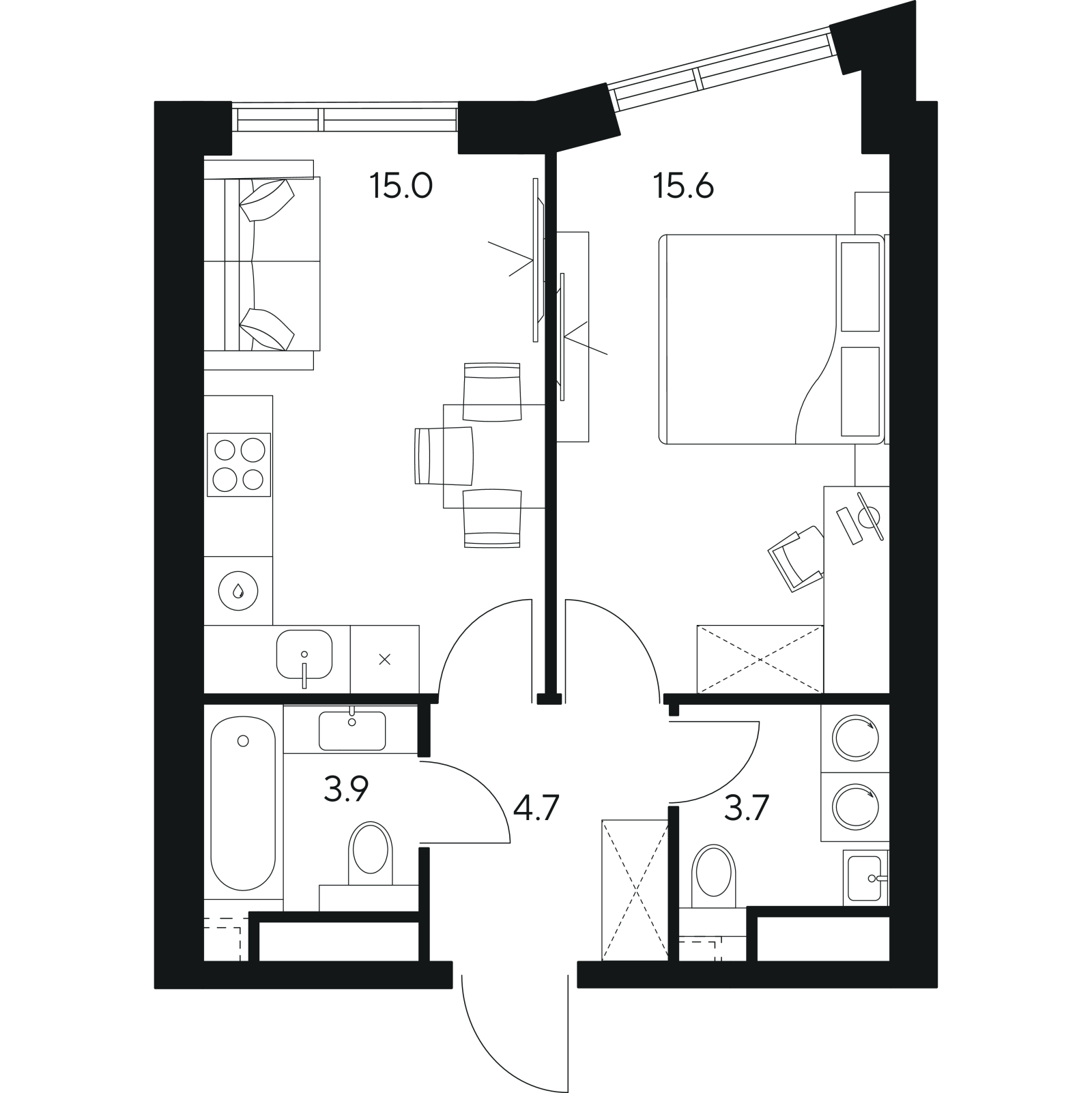 Планировка: 1-комнатная квартира, 42,9 м²