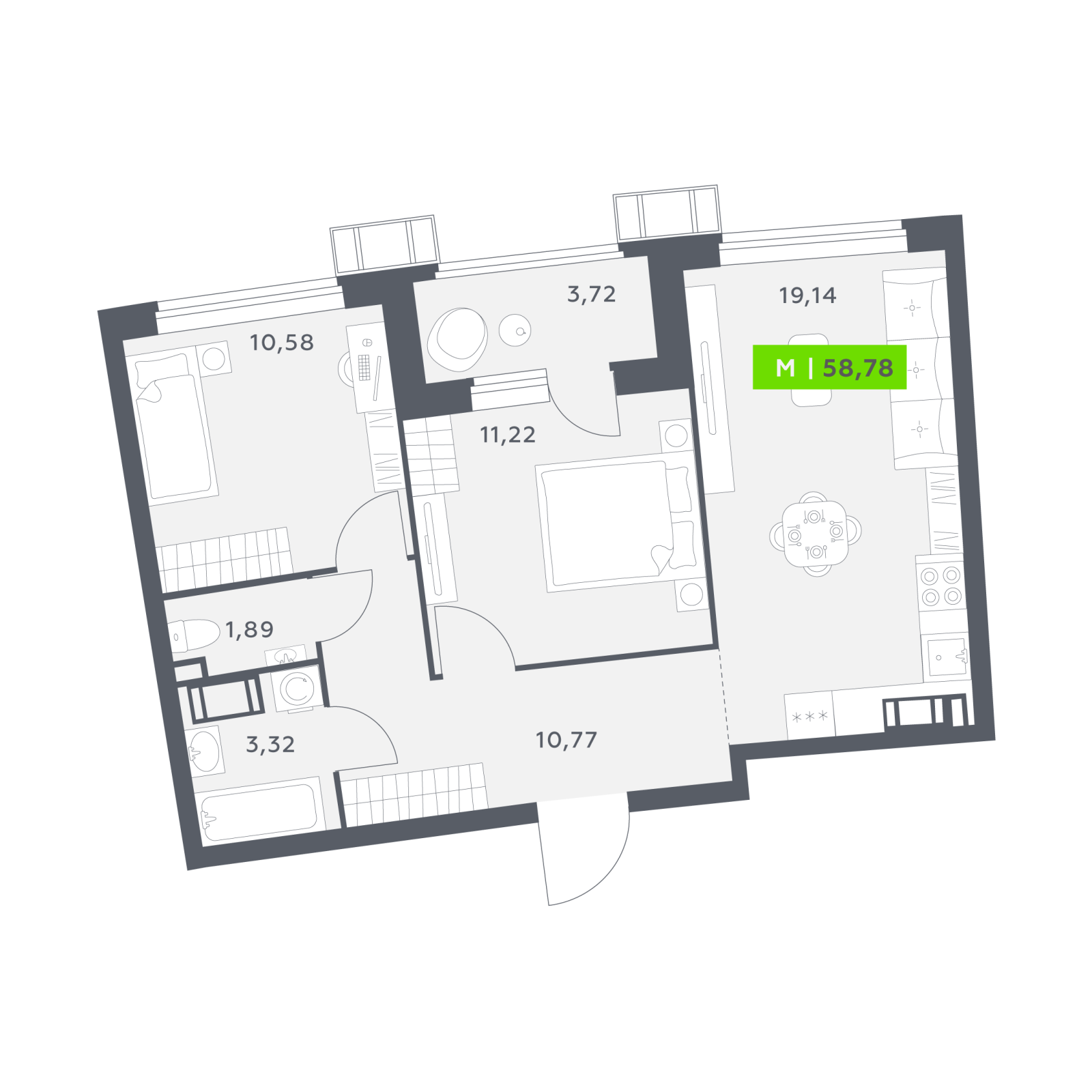 Планировка: 3-комнатная квартира, 58,8 м²