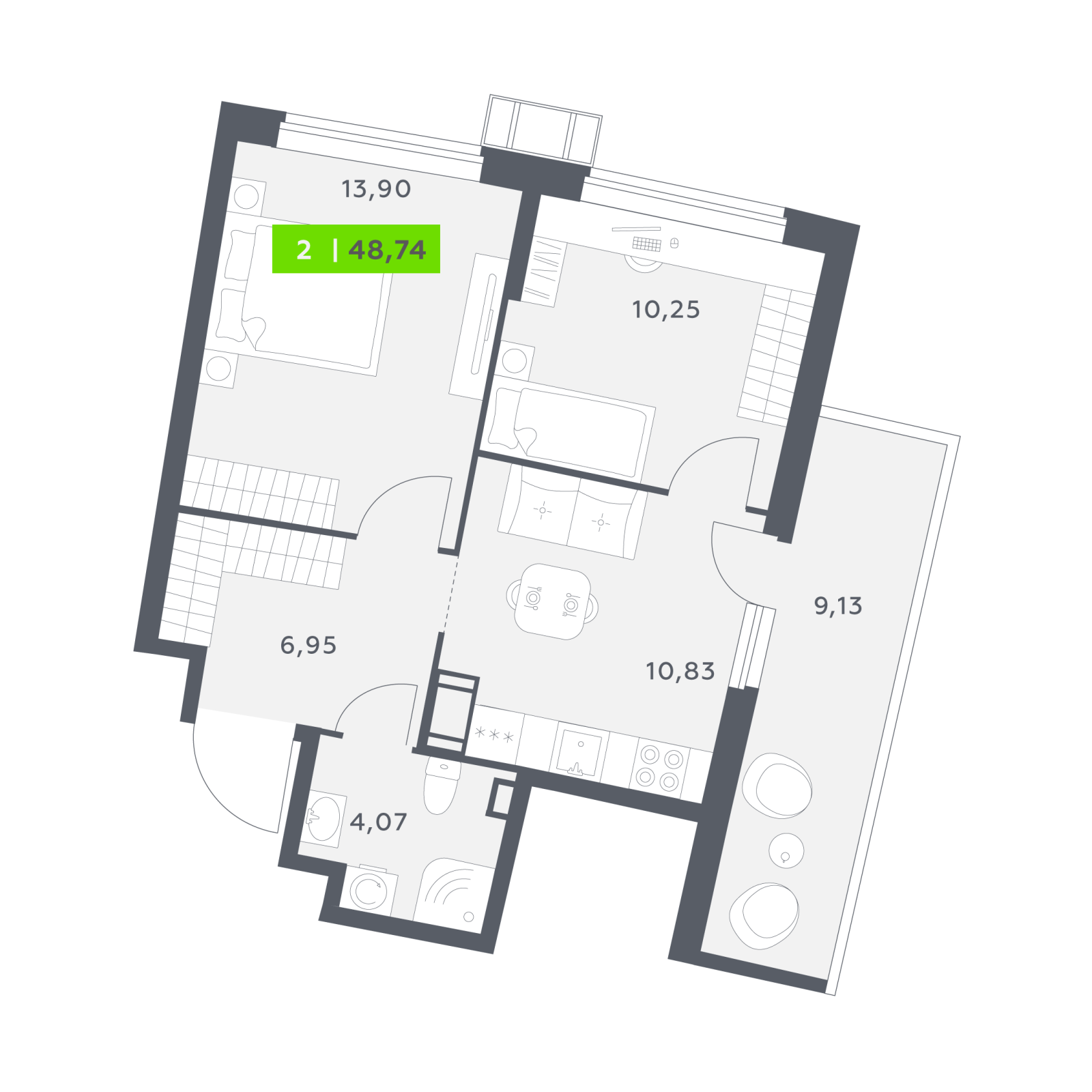 Планировка: 2-комнатная квартира, 48,7 м²