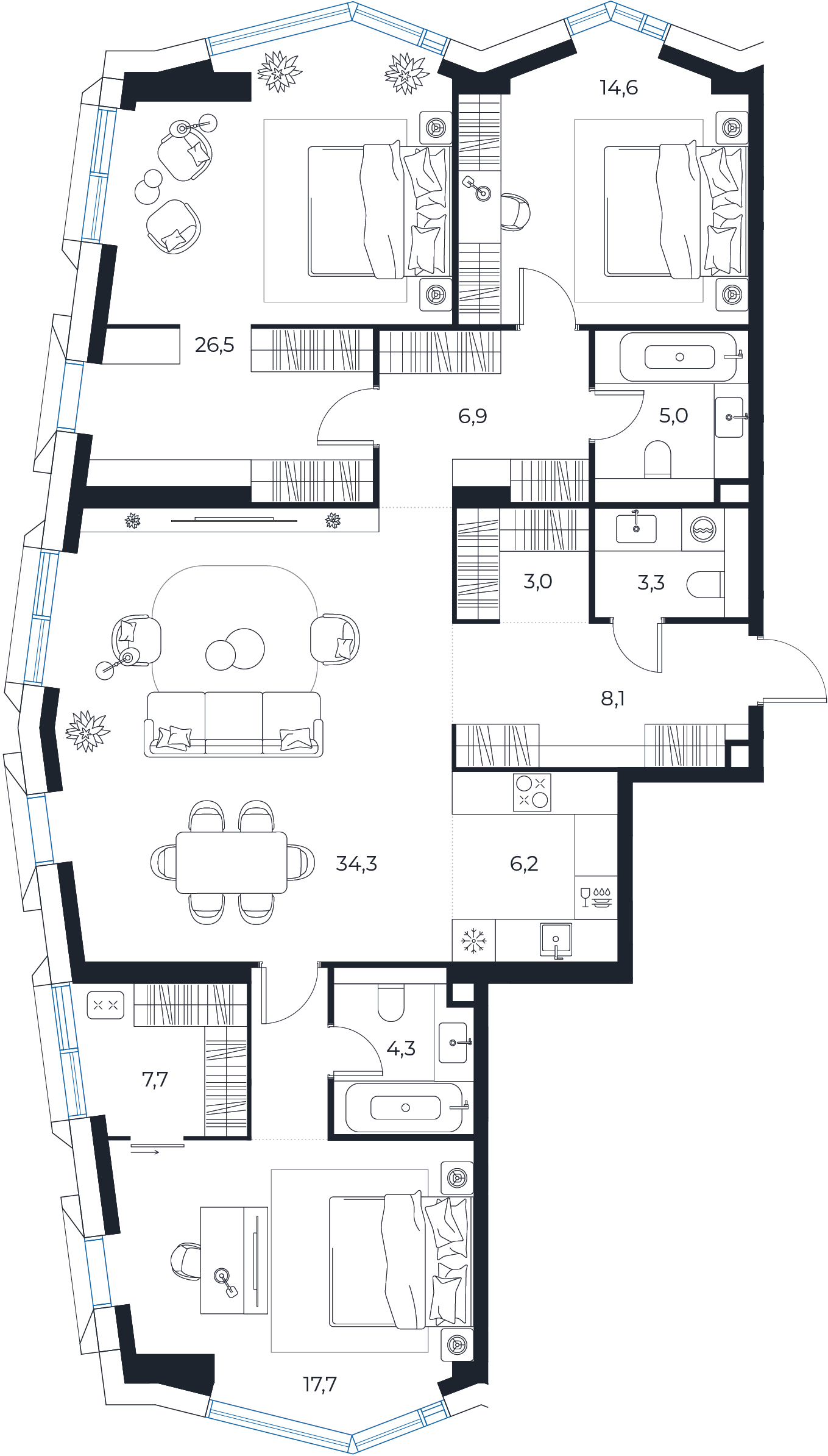 Планировка: 3-комнатная квартира, 137,6 м²