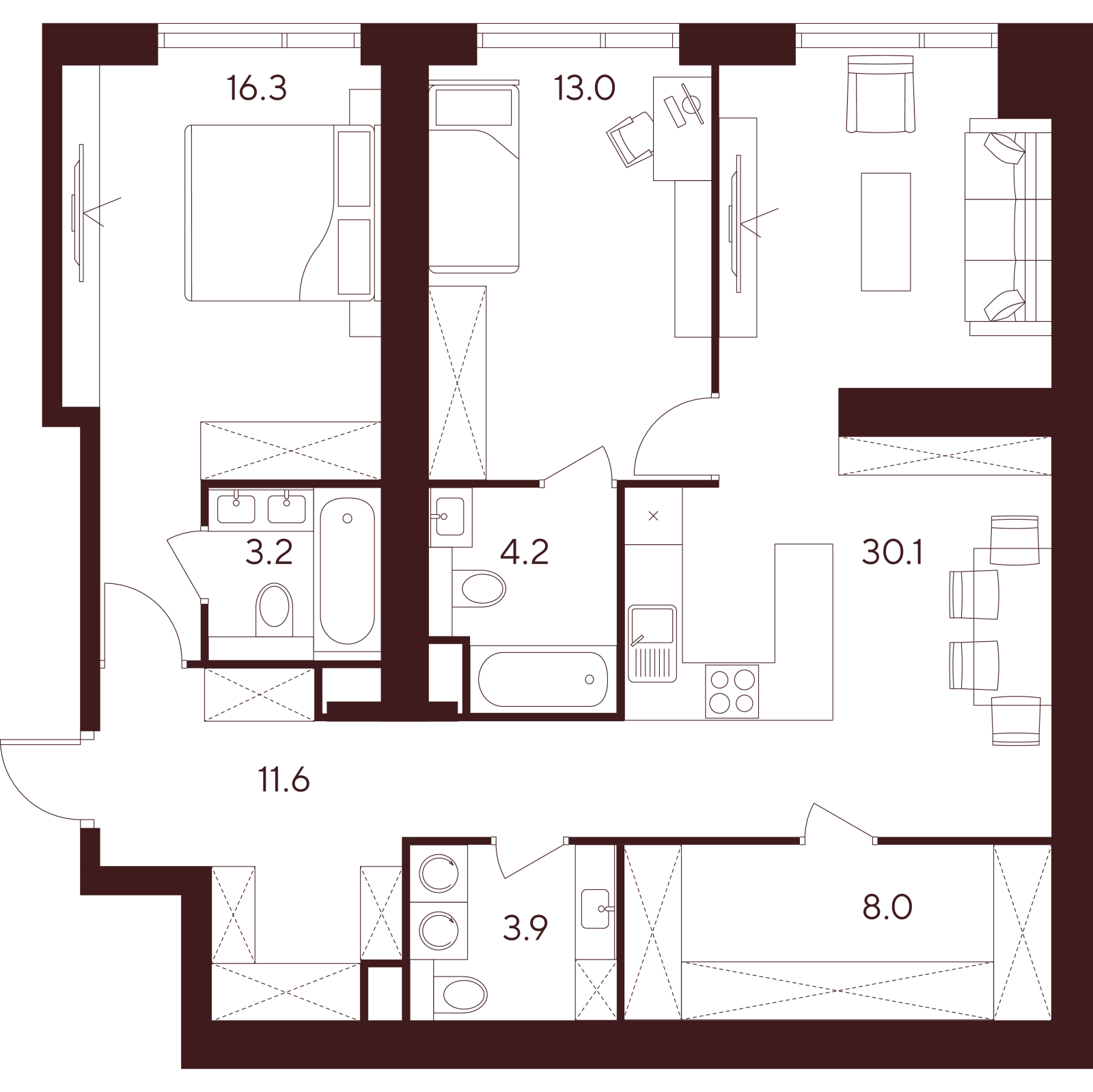 Планировка: 3-комнатная квартира, 90,3 м²