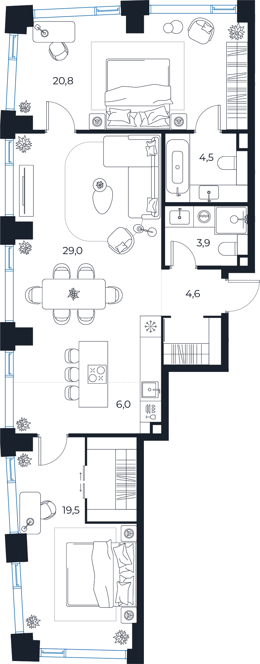 Планировка: 2-комнатная квартира, 88,3 м²