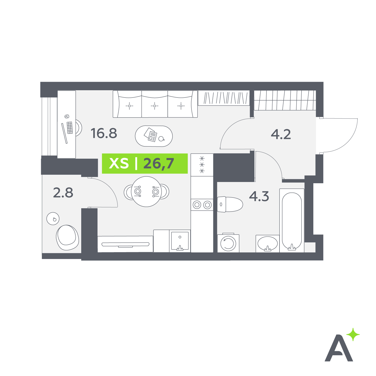 Планировка: студия, 26,7 м²
