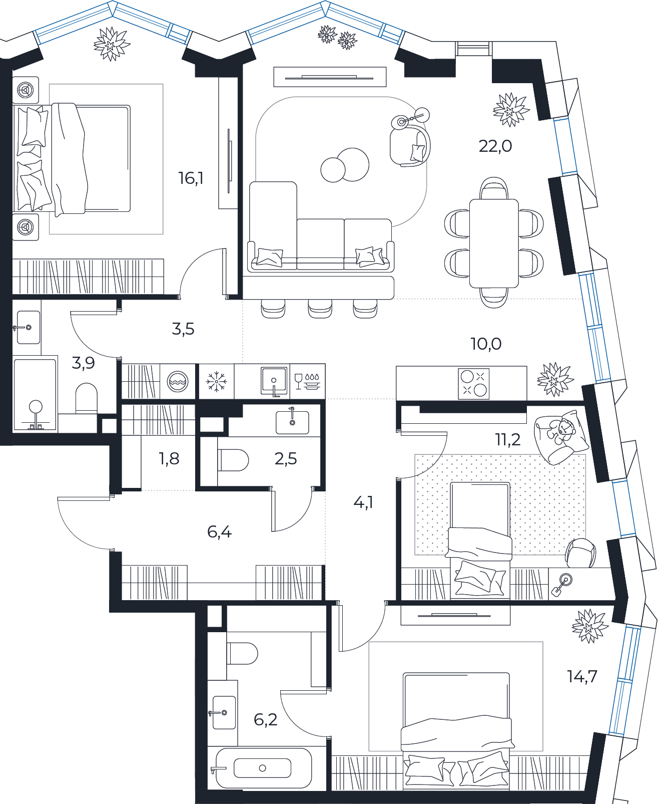Планировка: 2-комнатная квартира, 102,4 м²