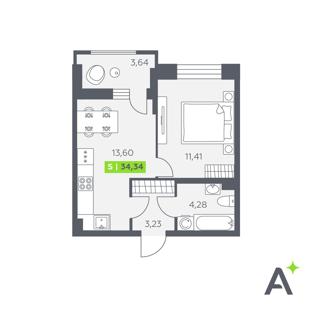 Планировка: 2-комнатная квартира, 34,3 м²