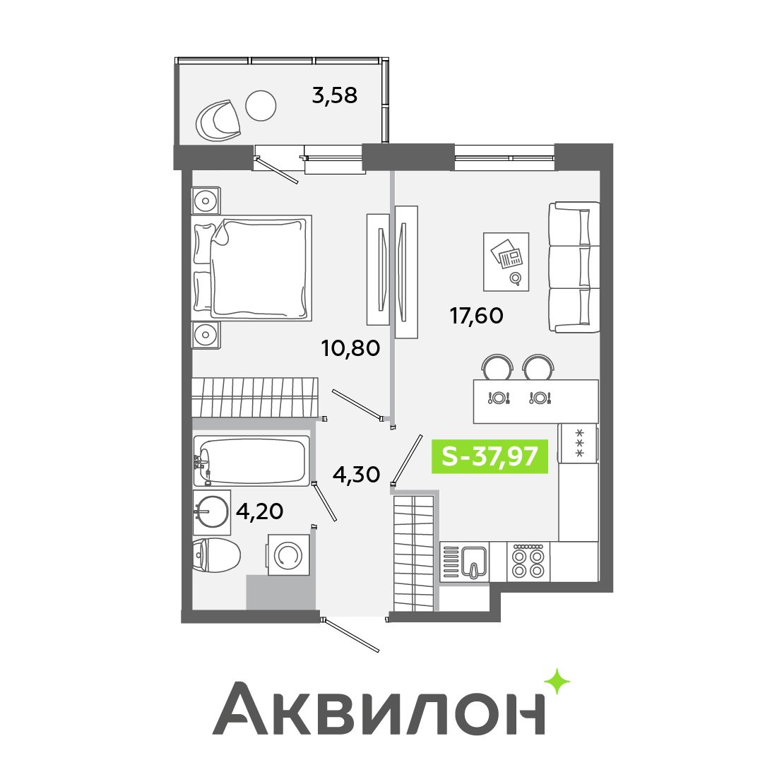 Планировка: 2-комнатная квартира, 38,0 м²