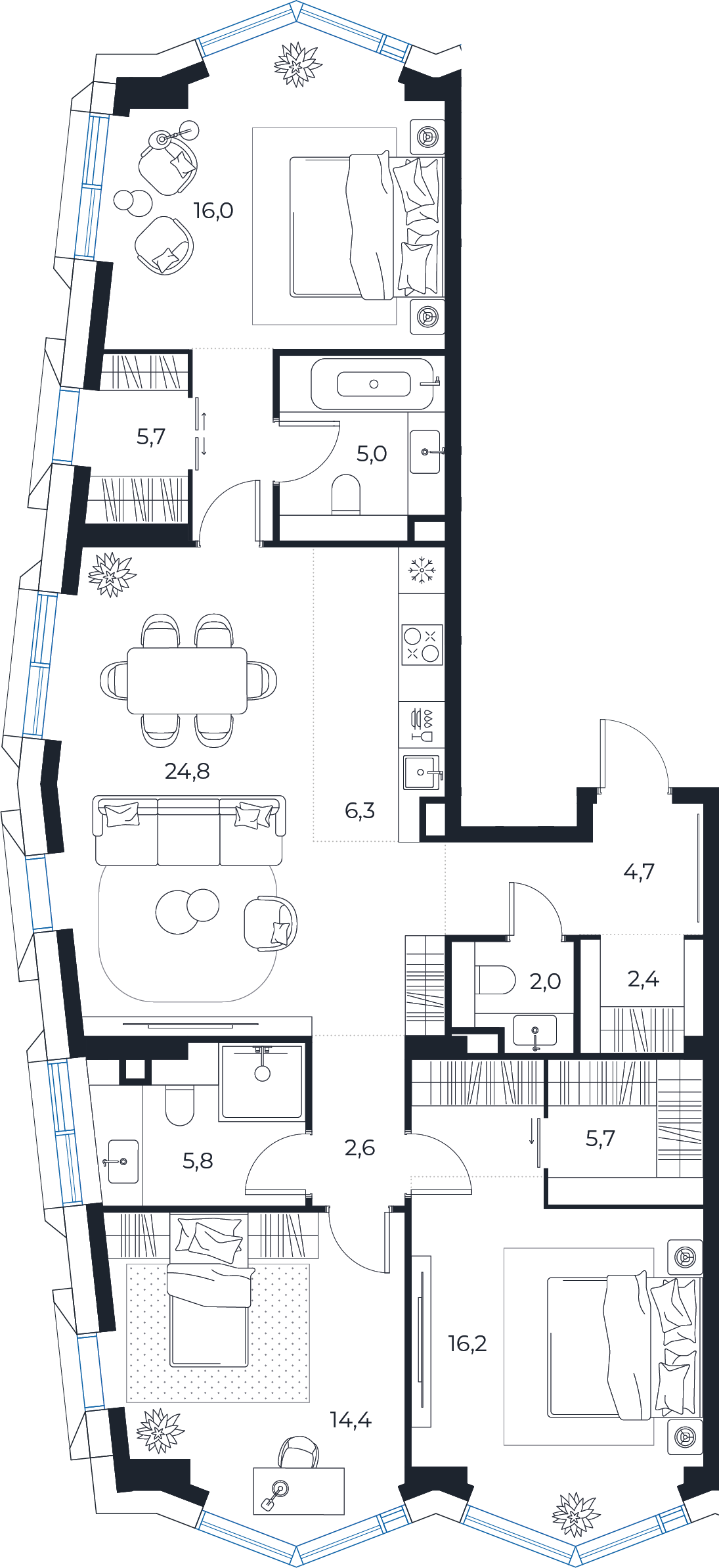 Планировка: 3-комнатная квартира, 111,6 м²