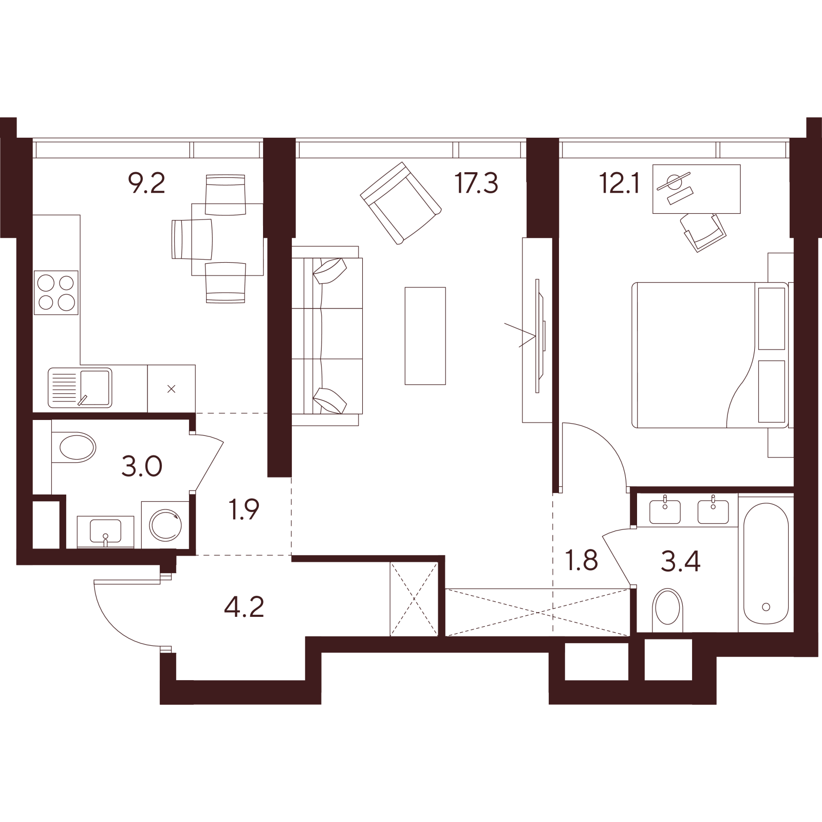 Планировка: 2-комнатная квартира, 52,9 м²