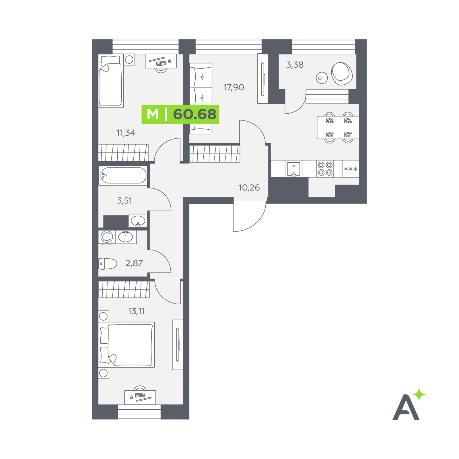 Планировка: 3-комнатная квартира, 60,7 м²