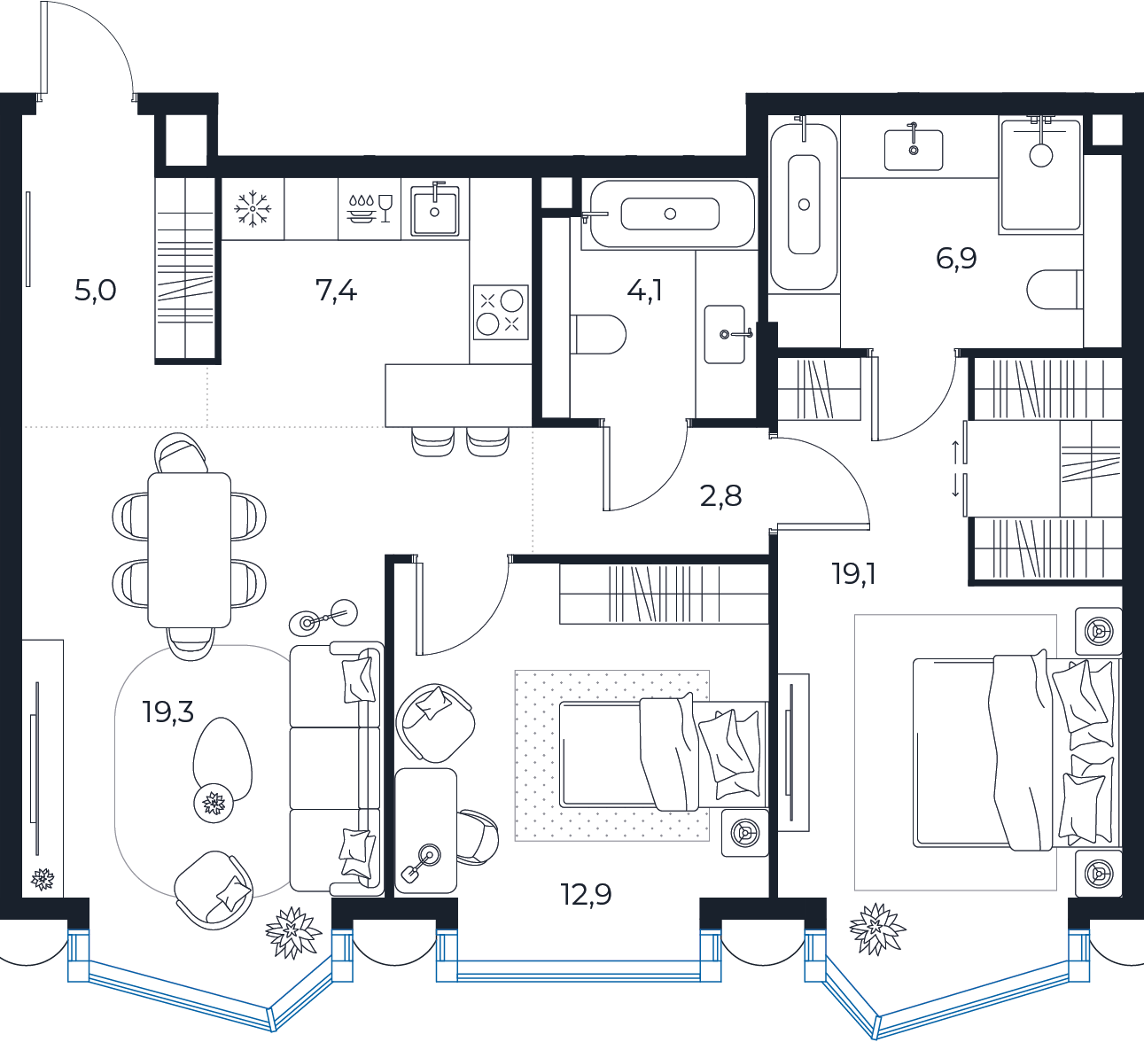 Планировка: 2-комнатная квартира, 77,5 м²