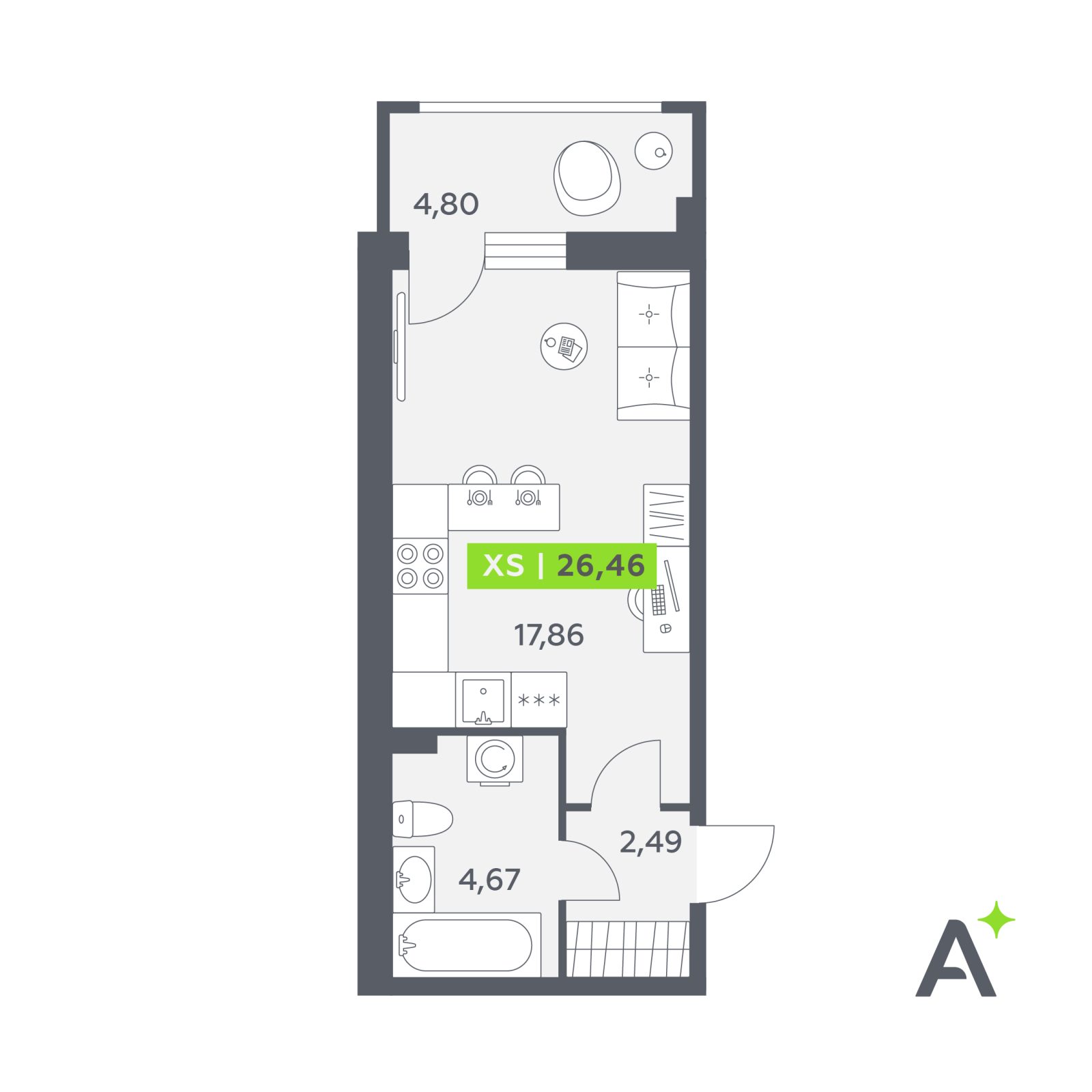 Планировка: студия, 26,5 м²