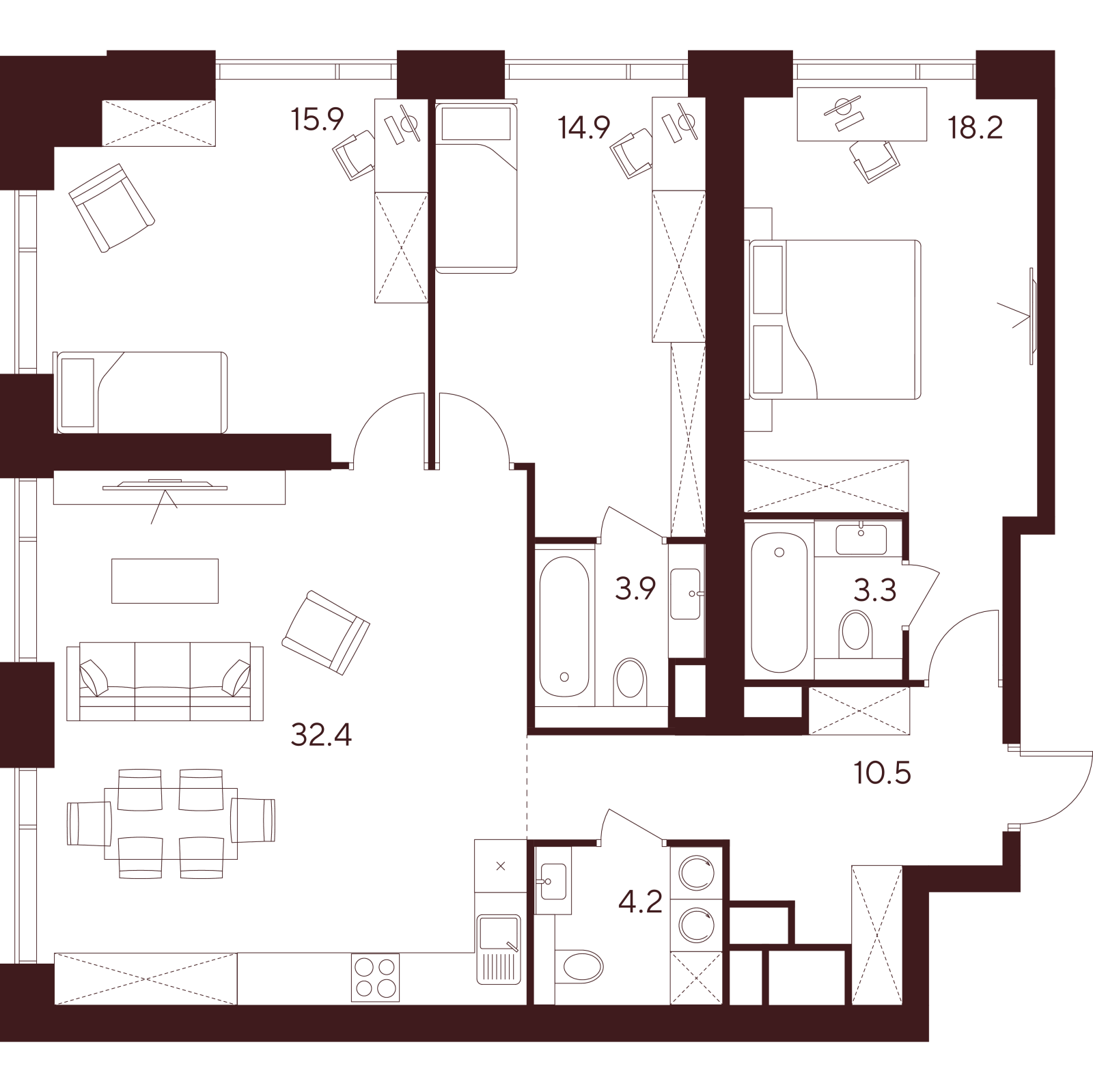 Планировка: 4-комнатная квартира, 103,3 м²