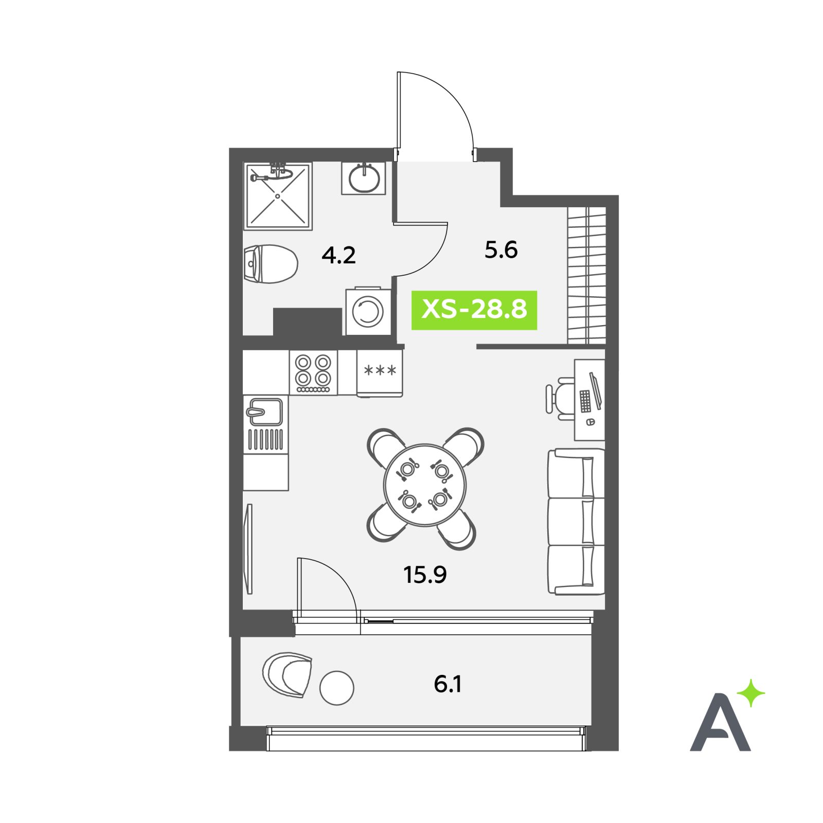 Планировка: студия, 28,8 м²