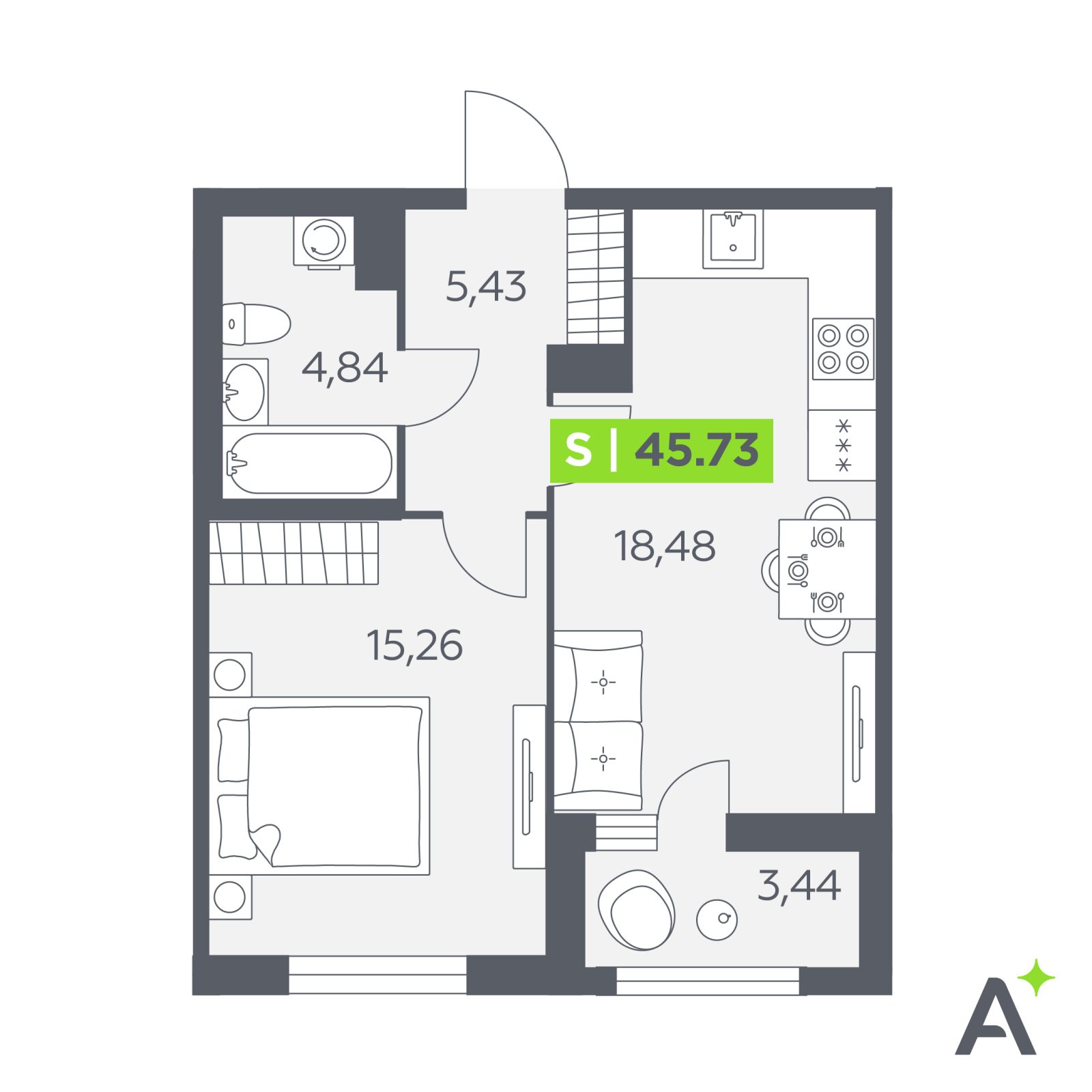 Планировка: 2-комнатная квартира, 45,7 м²