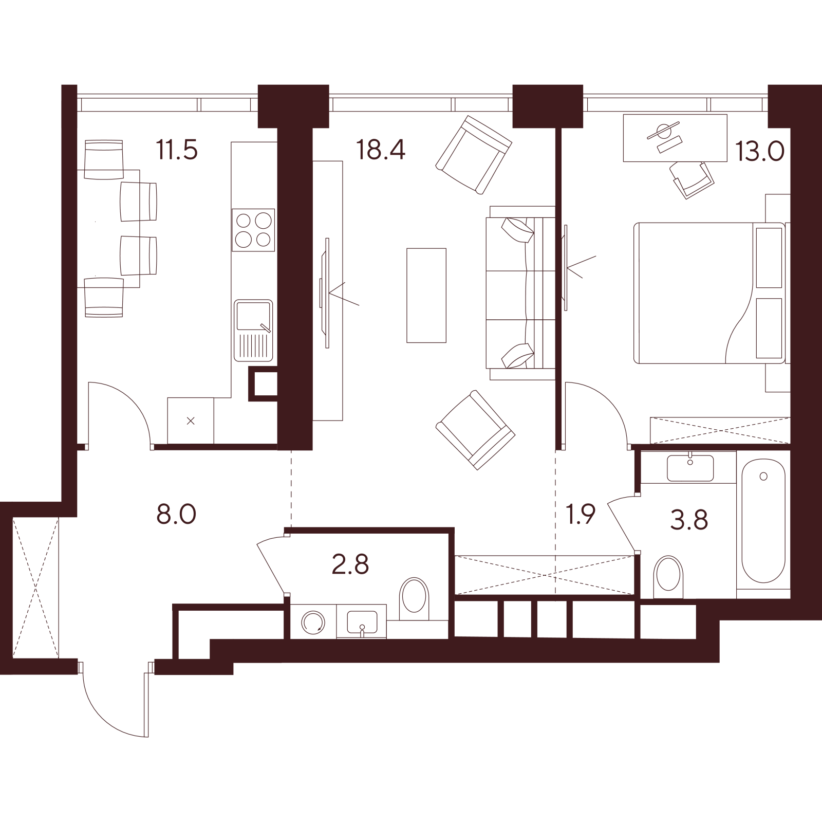 Планировка: 2-комнатная квартира, 59,4 м²