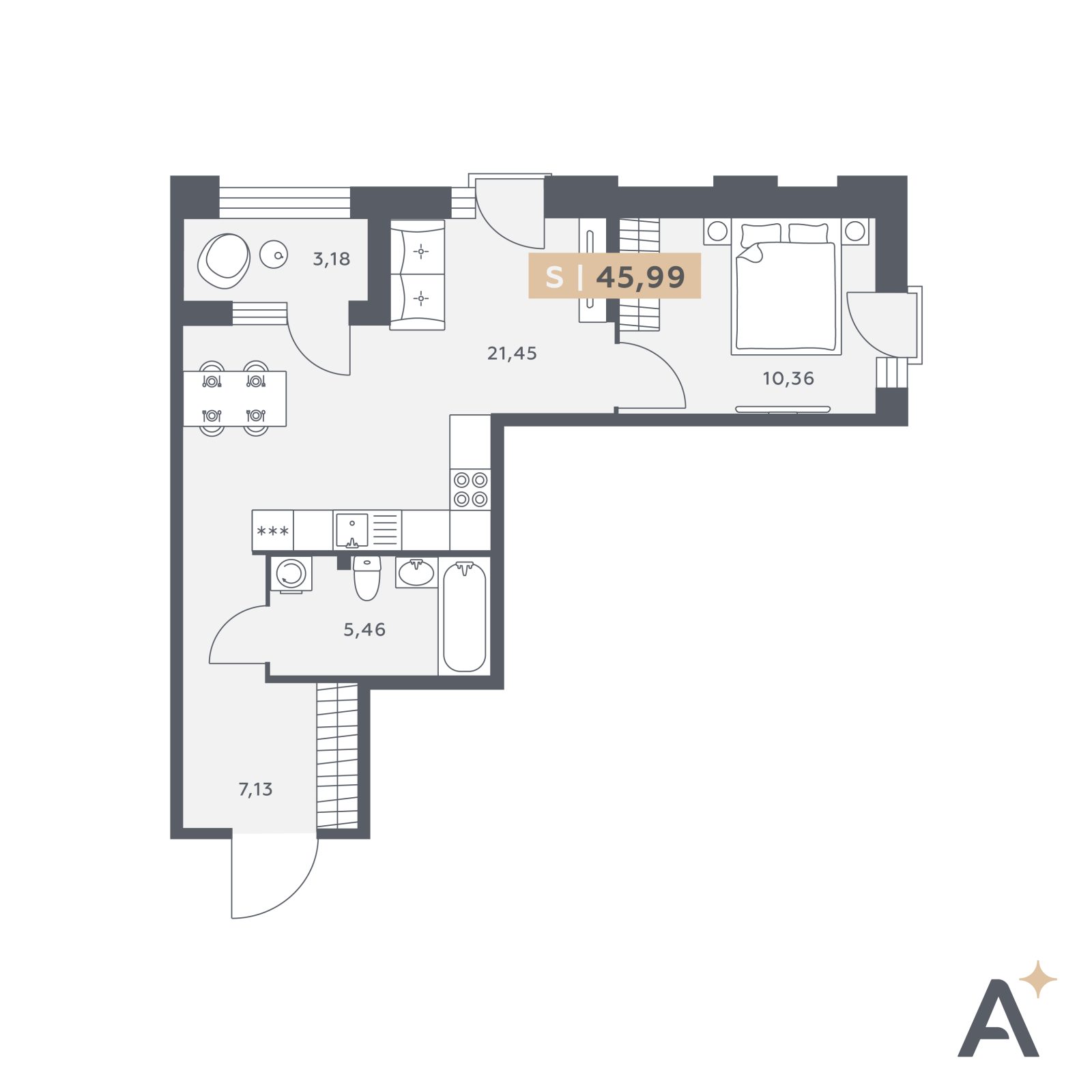 Планировка: 2-комнатная квартира, 46,0 м²