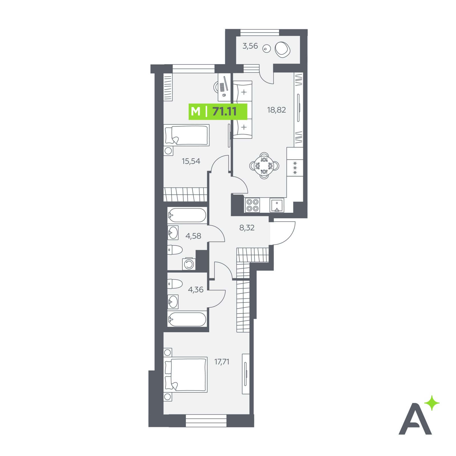 Планировка: 3-комнатная квартира, 71,1 м²