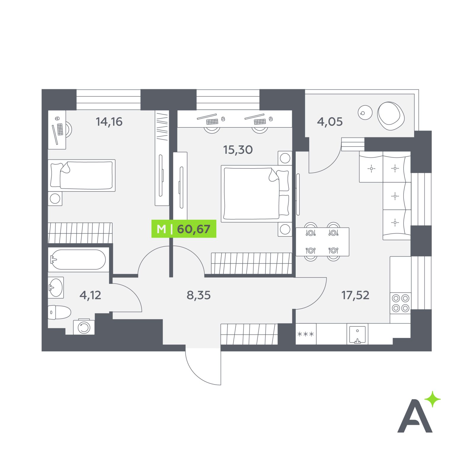 Планировка: 3-комнатная квартира, 60,7 м²